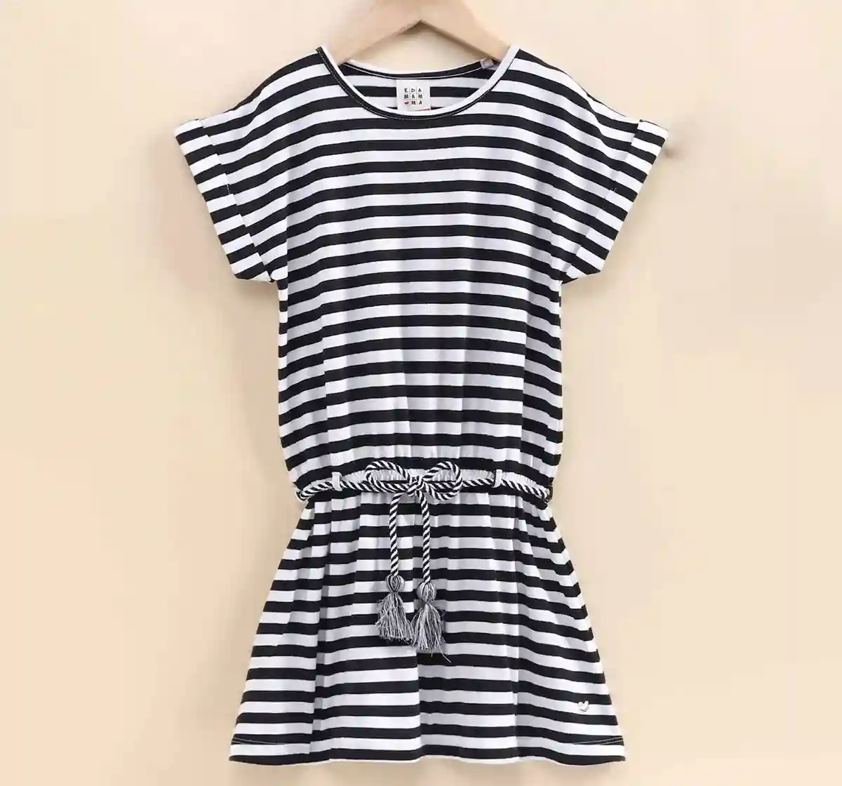 Girls Striped Low Waist Dress- Black  White