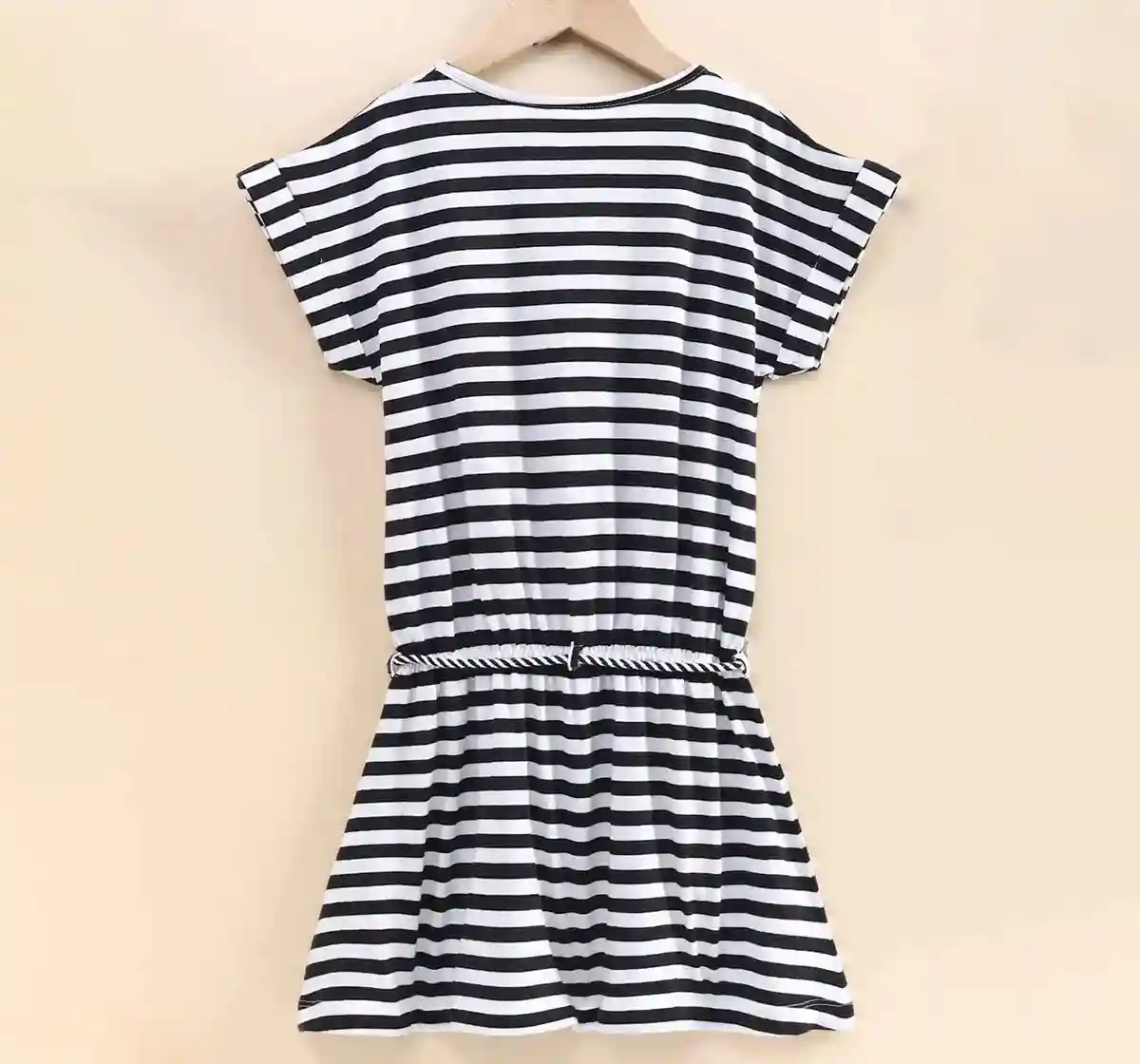 Girls Striped Low Waist Dress- Black  White