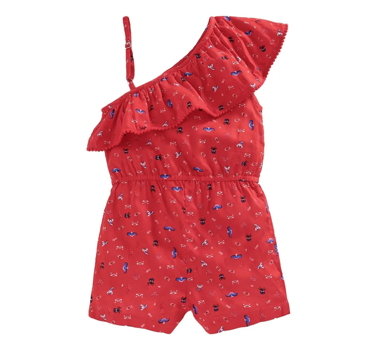 Girls Printed One Shoulder Jumpsuit - Red