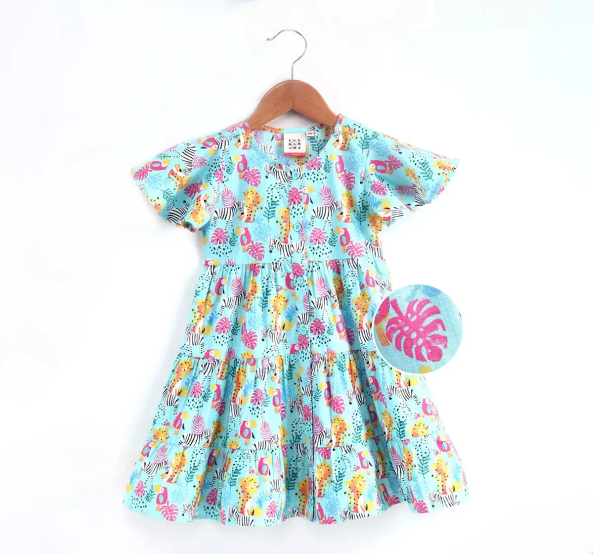 Girls Jungle Print Tiered Dress - Aqua