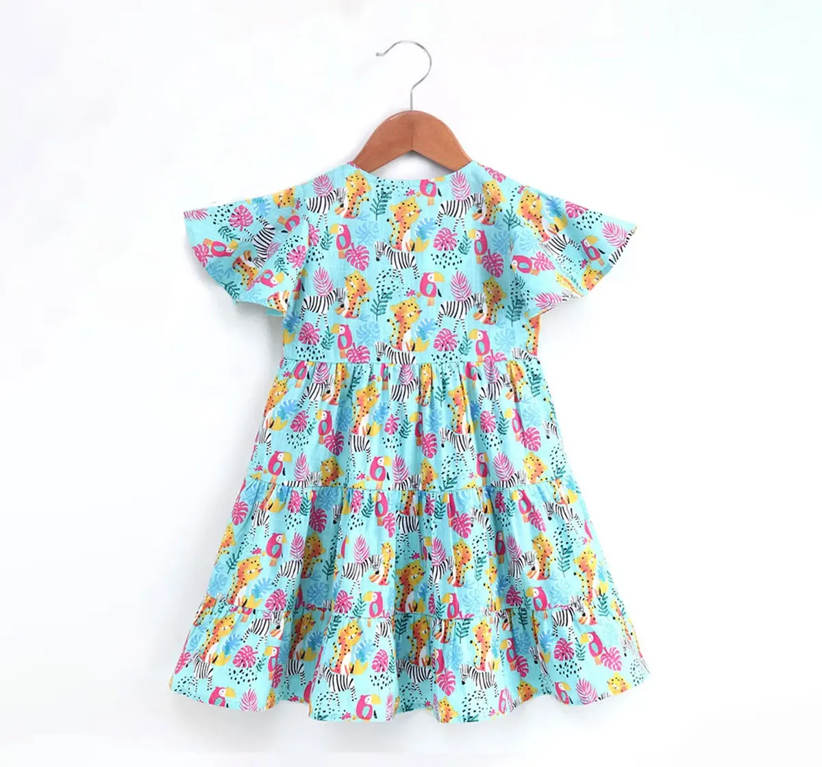 Girls Jungle Print Tiered Dress - Aqua