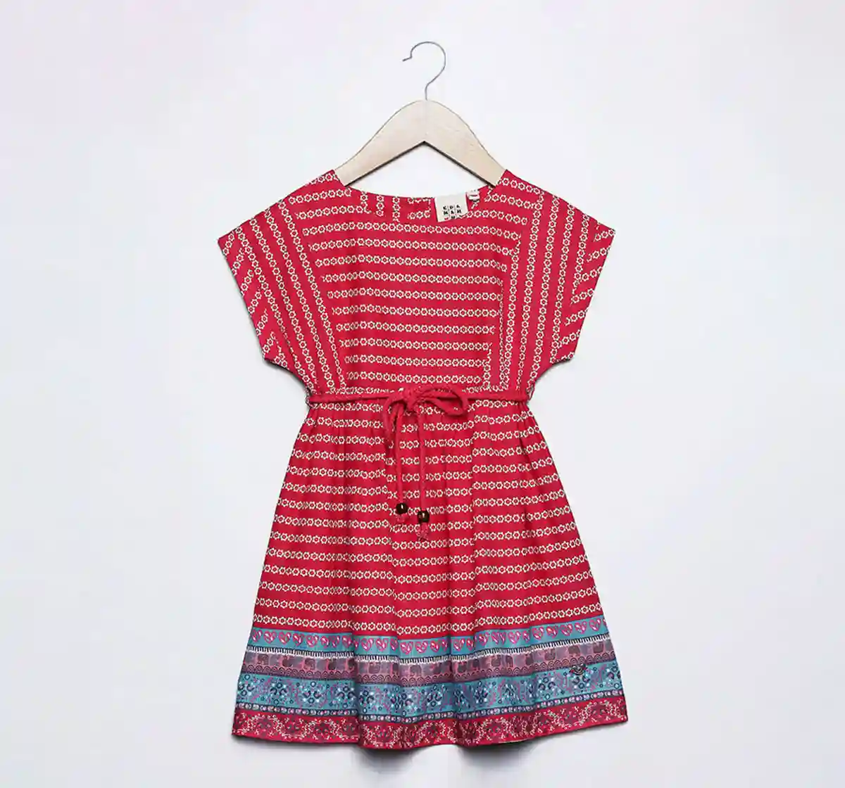 Girls Border Print Dress - Red