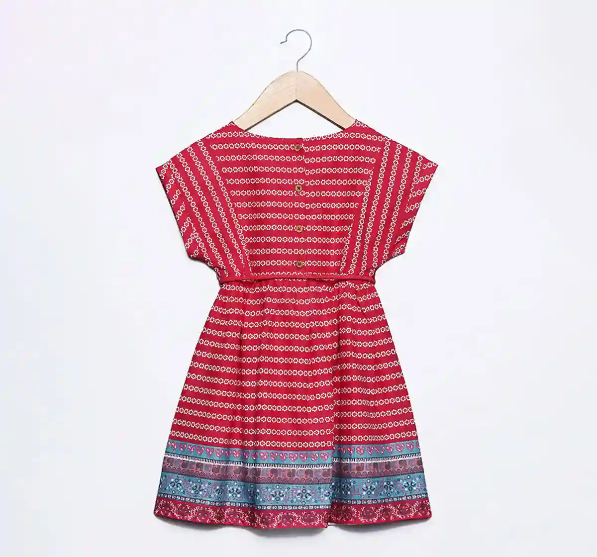 Girls Border Print Dress - Red