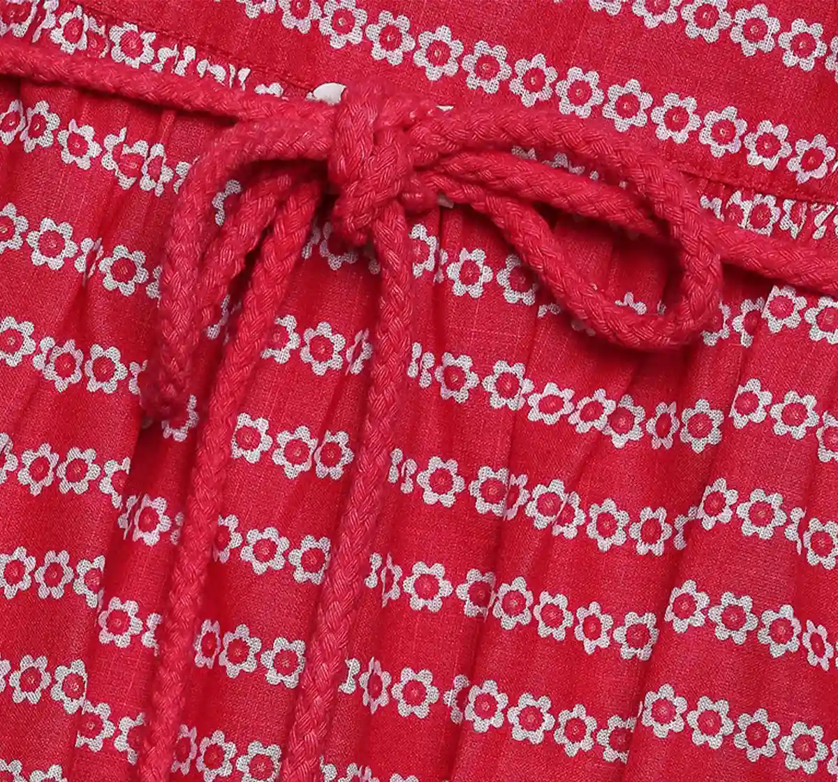 Girls Border Print Dress - Red