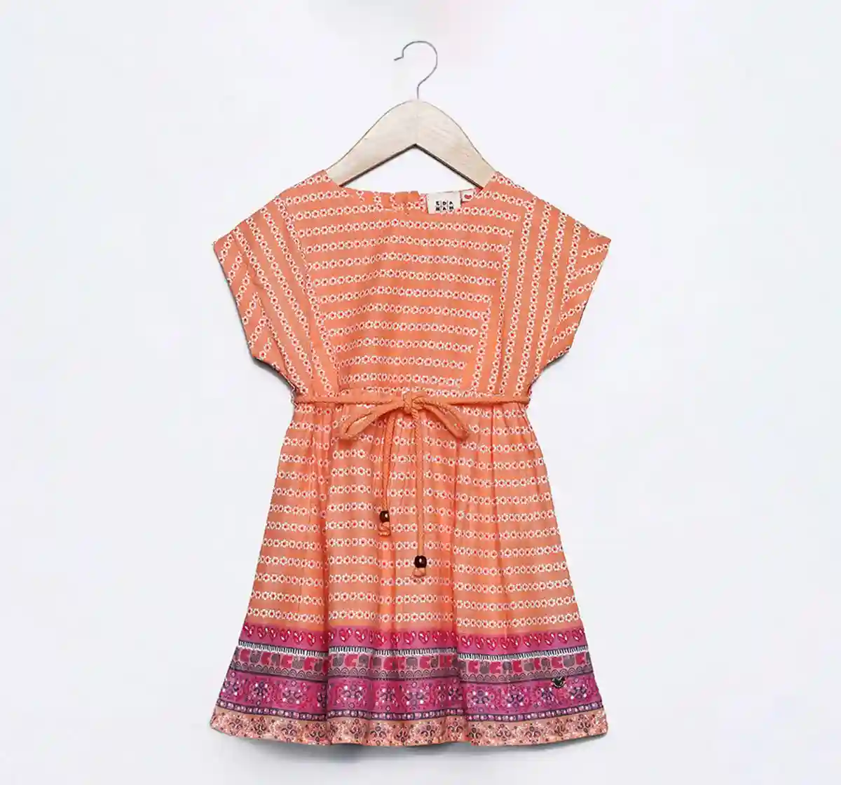 Girls Border Print Dress - Orange