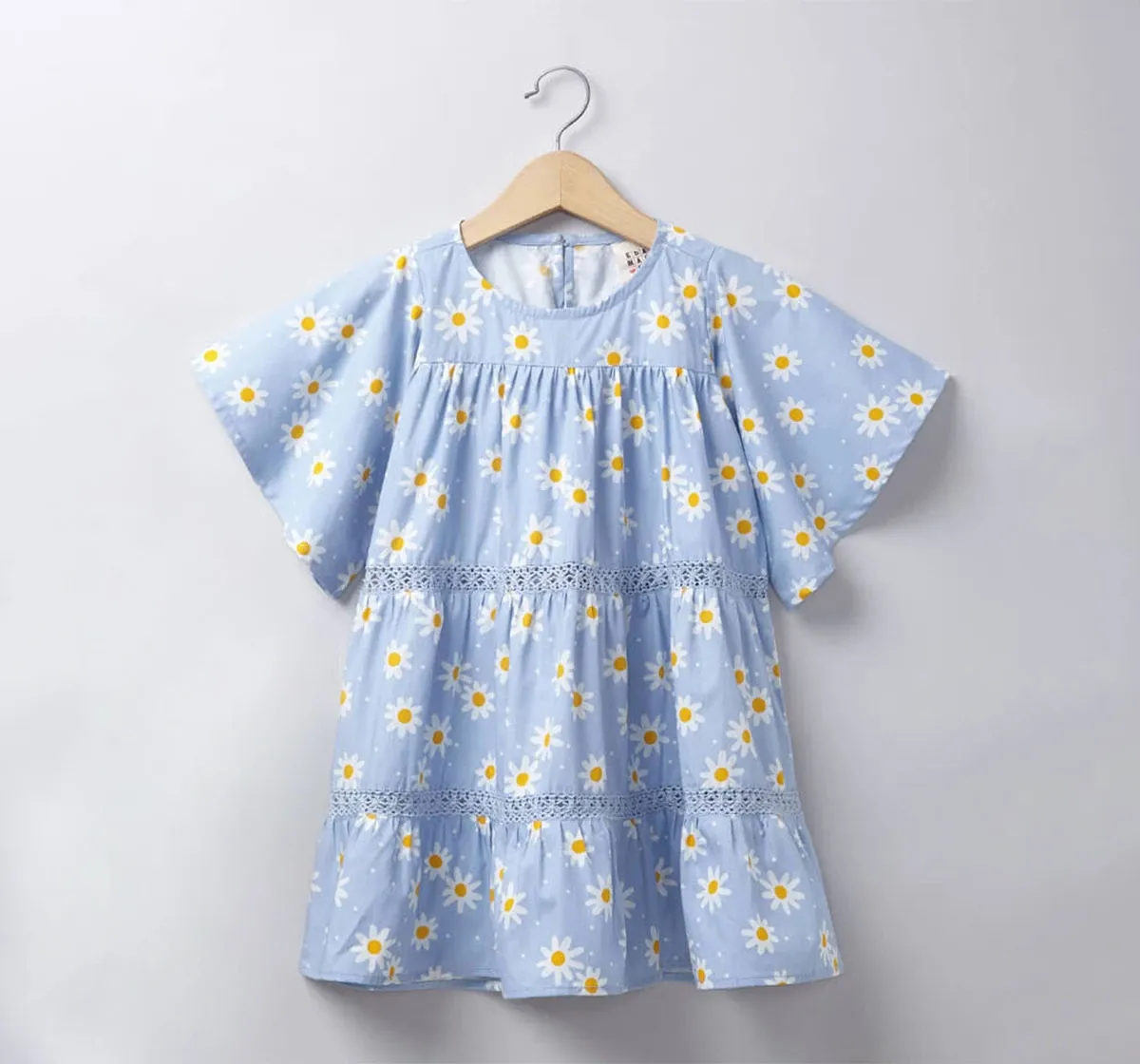 Girls Flared Sleeve Floral Dress - Blue