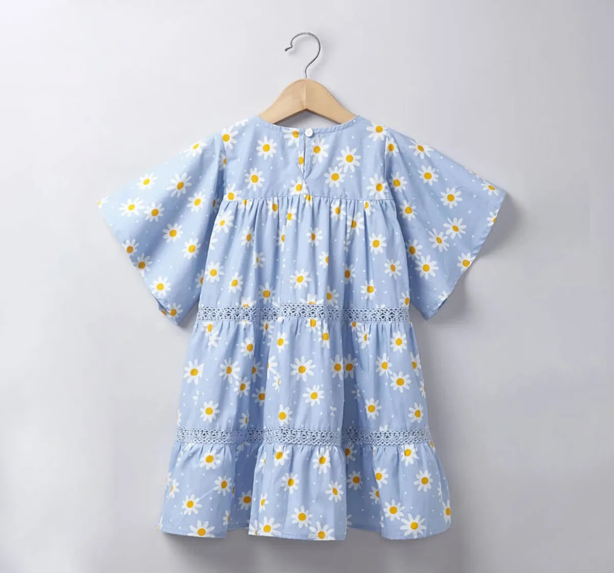 Girls Flared Sleeve Floral Dress - Blue