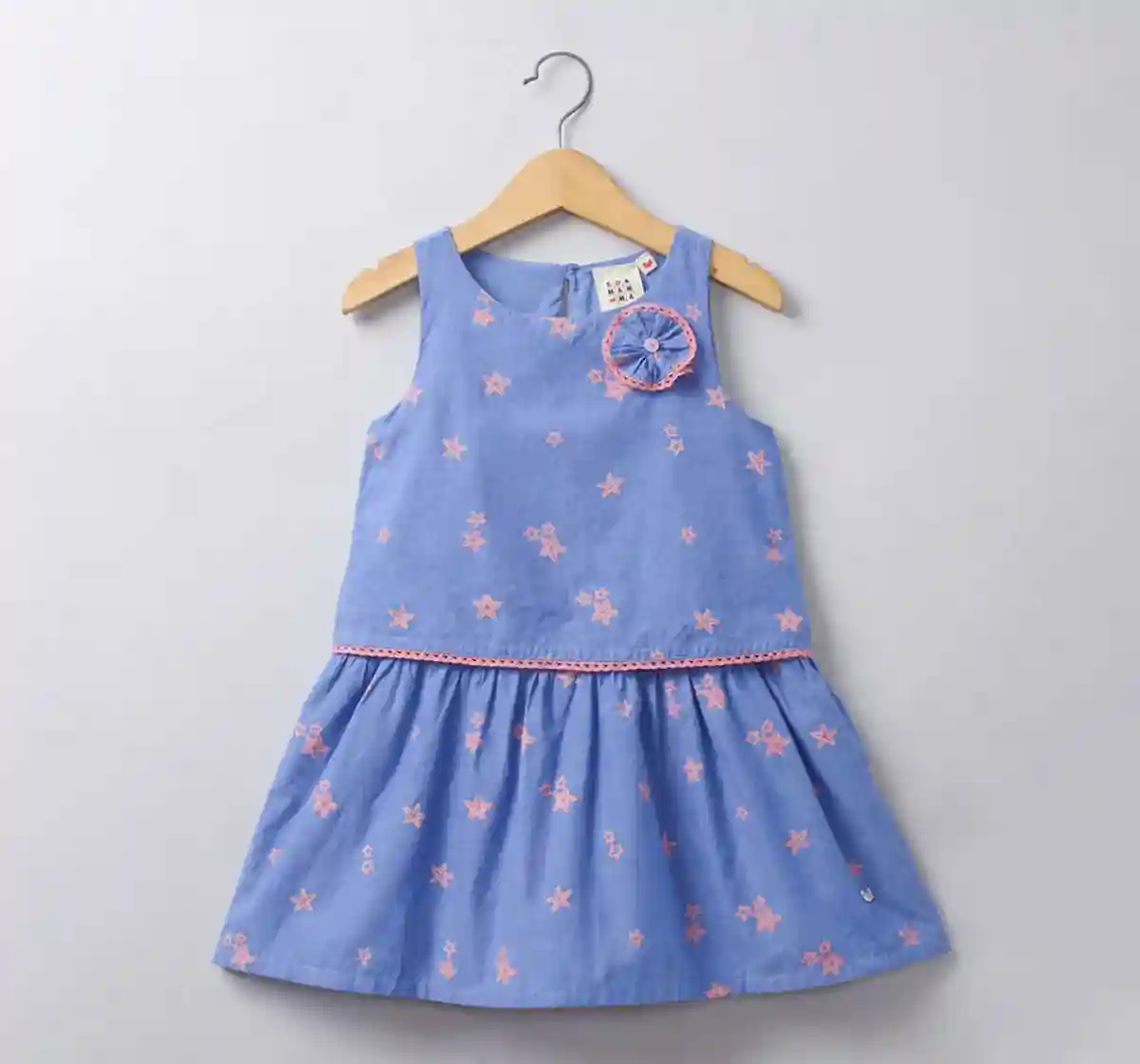 Girls Sleeveless Printed Dress - Blue