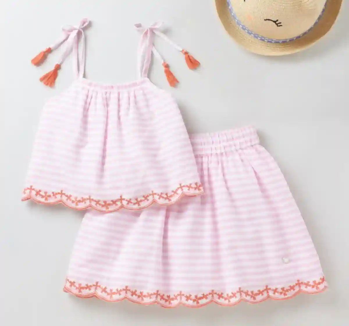 Girls Striped Strappy Top & Skirt Set -Pink