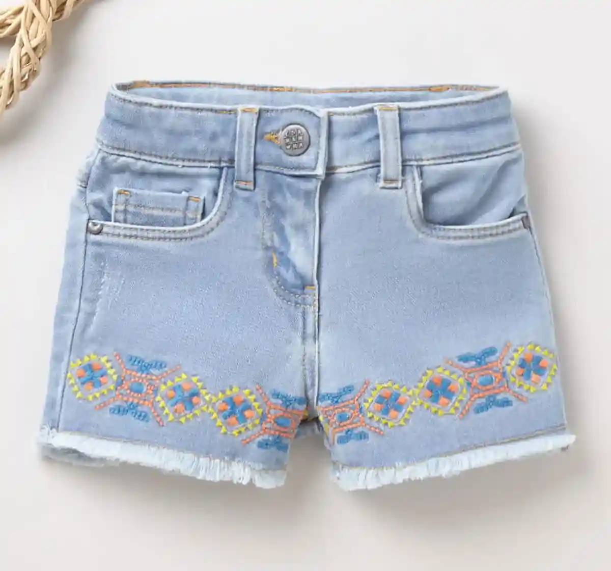 Girls Embroidered Denim Girls Shorts - Light Blue