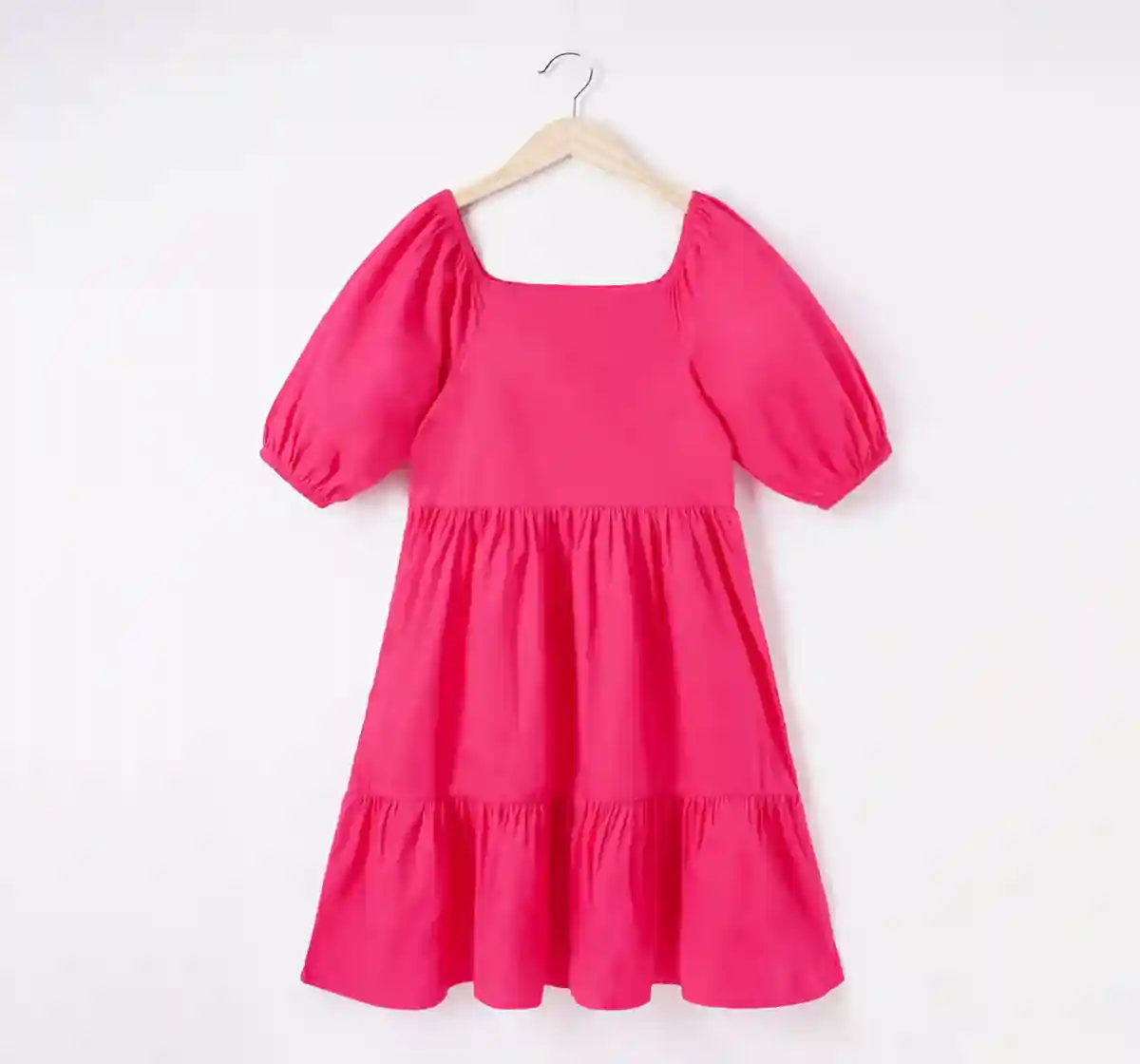 Girls Pink Puff Sleeves Tier Dress