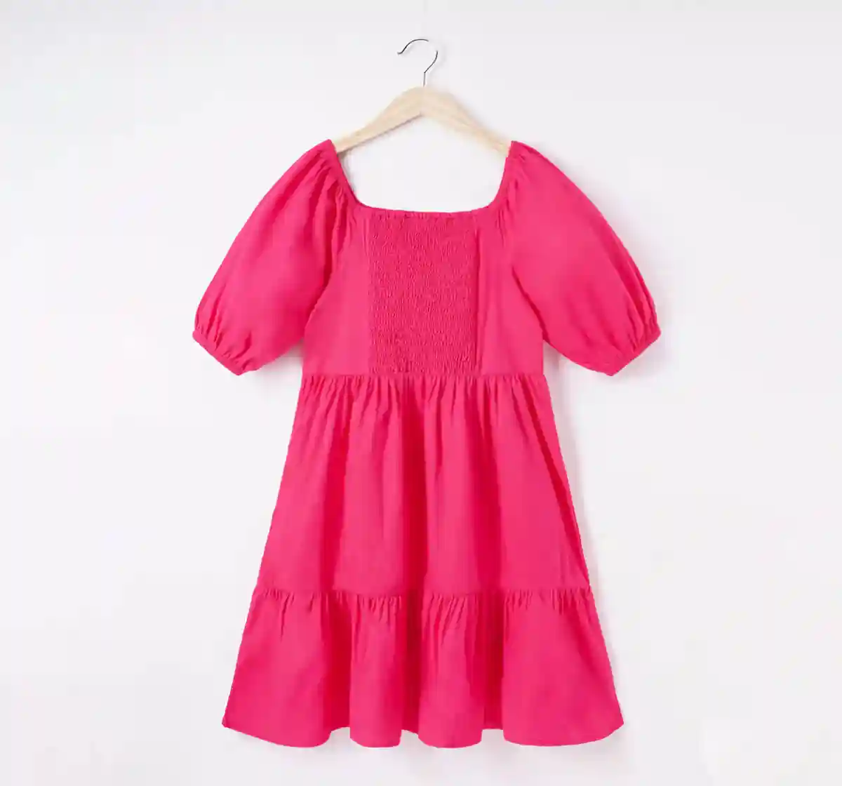 Girls Pink Puff Sleeves Tier Dress