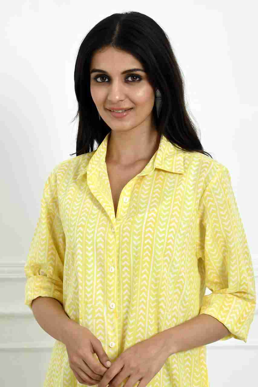 Naksh Yellow Orange Stripe Block Printed Long Shirt Kurta With Pockets