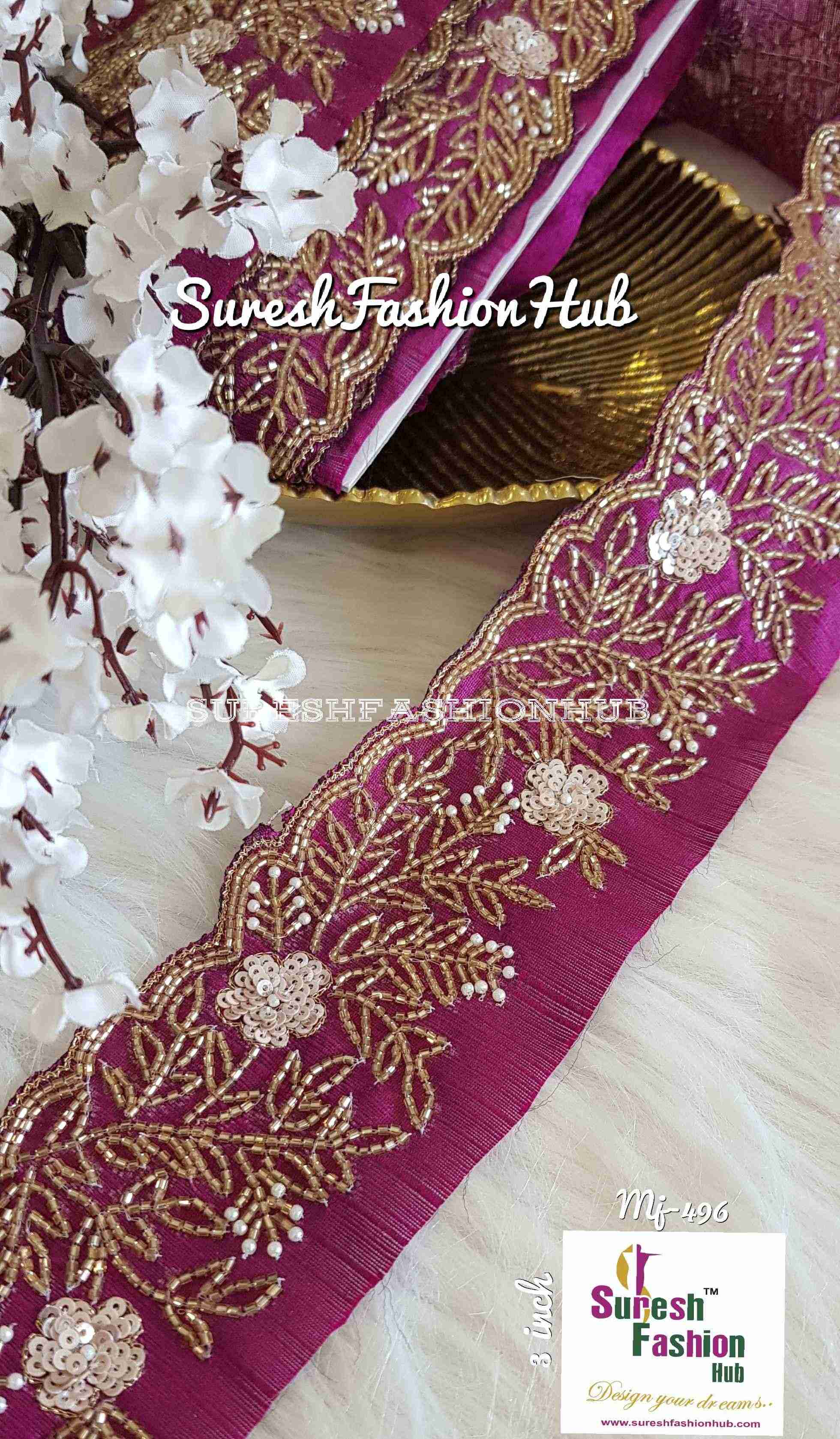 Hand Embroidered Magenta  Heavily Studded Trim