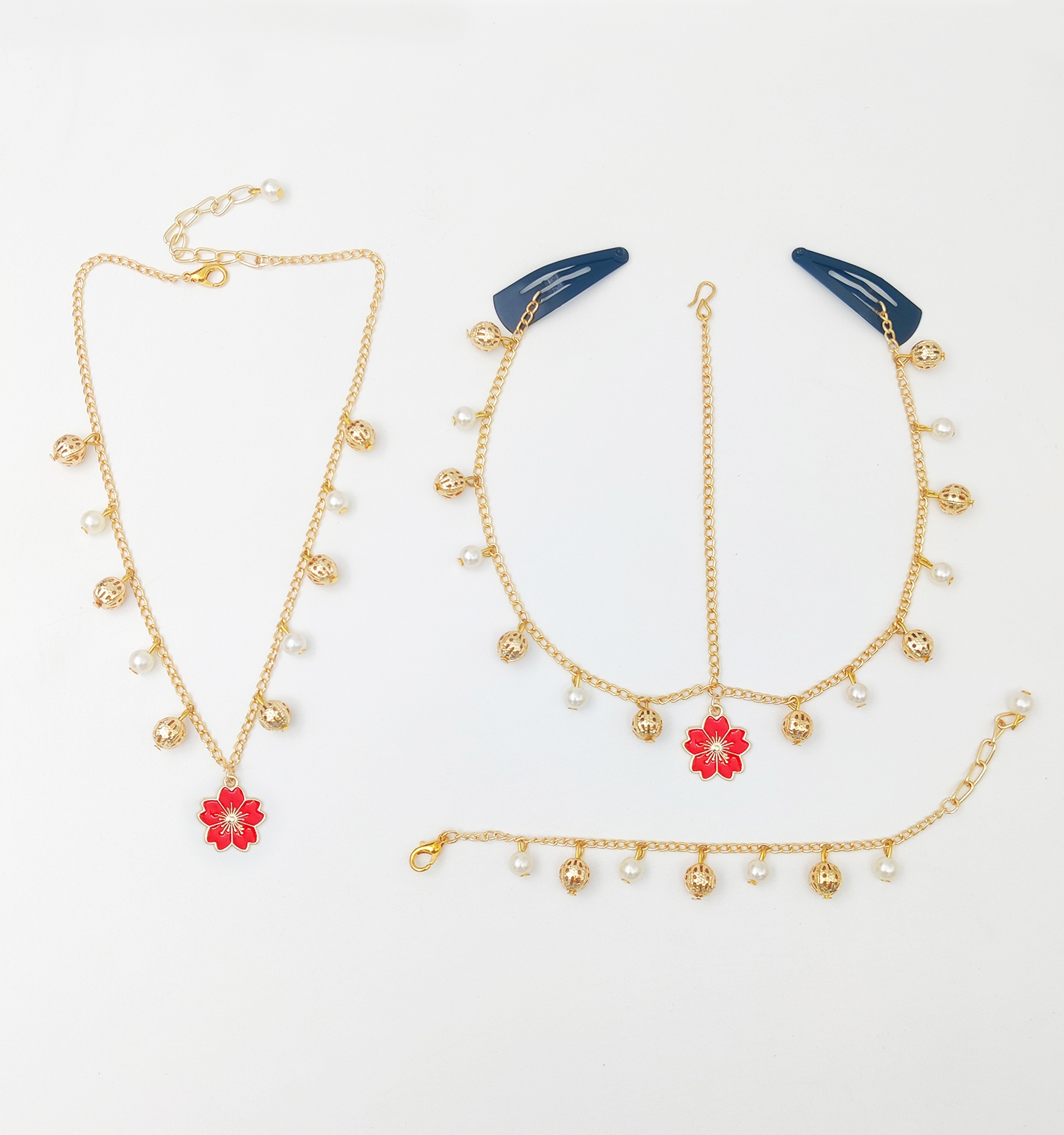 Lily  Charmed Necklace, Bracelet & Head Chain Set - Red