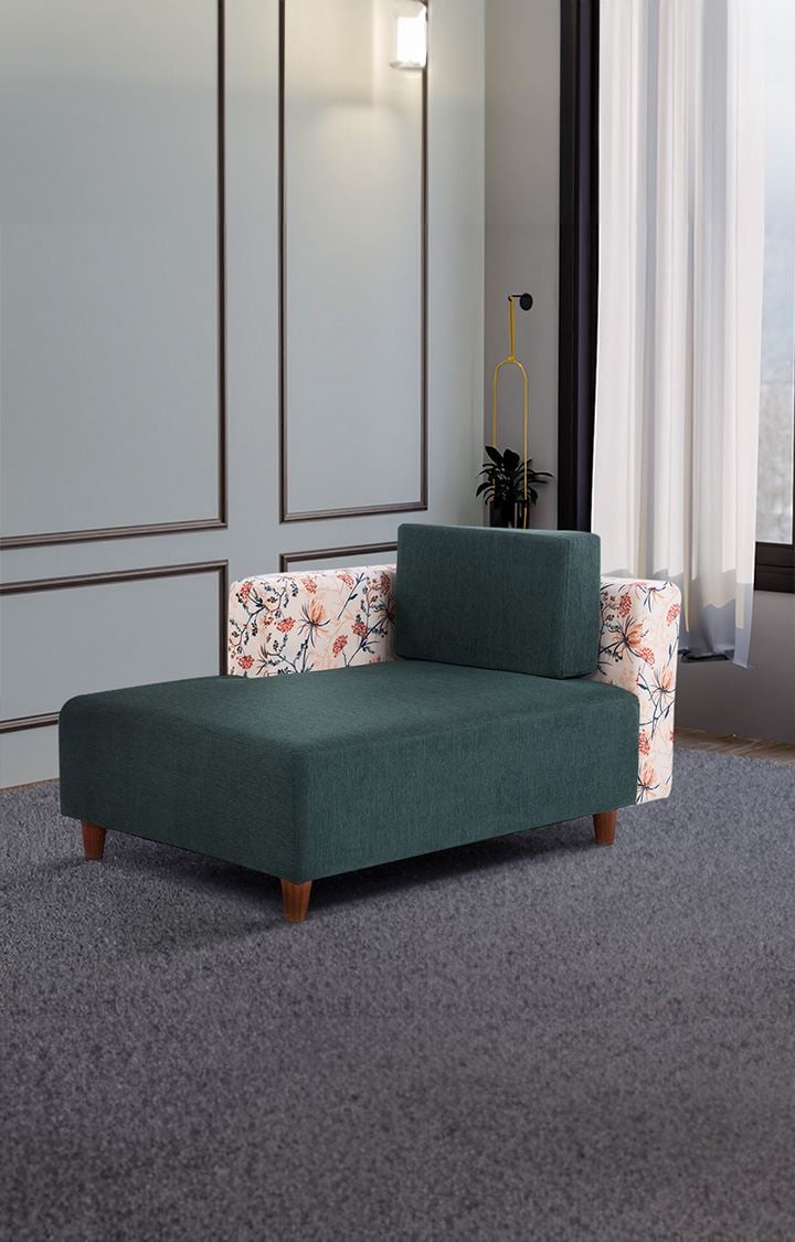 neudot Hailey Duet Fabric 1 Seater Right Aligned Lounger | R Shape | RHS | Comfortable Sofa Dual Color | Living Room | Bed Room | Floral Castle Green Colour