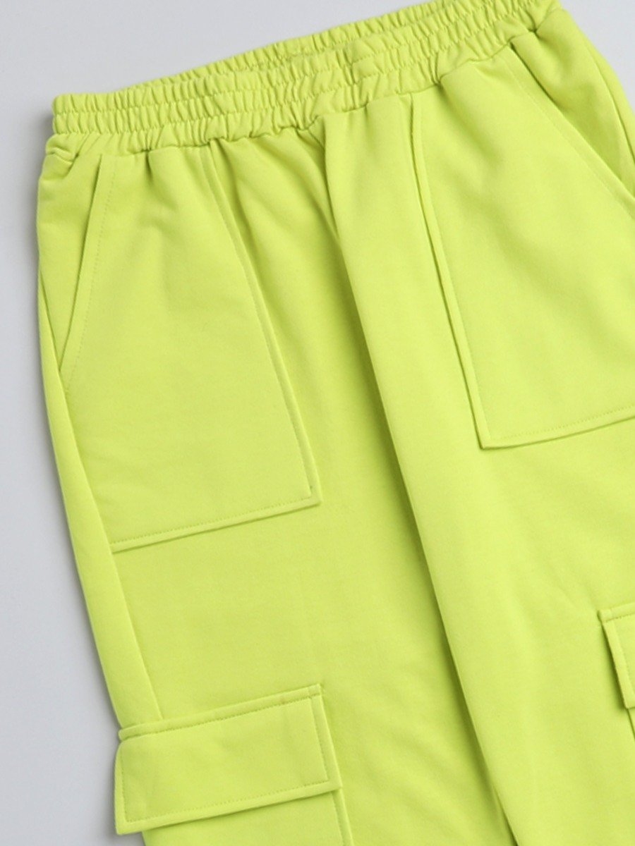 Ninos Dreams Girls Solid Cargo Style Joggers with Oversized Crop Top- Lemon Yellow