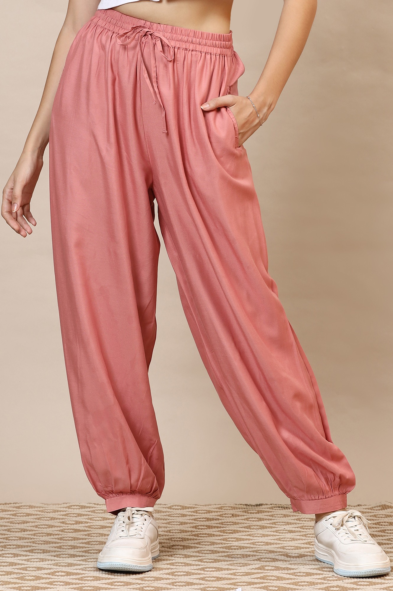 ELLEVEN Women's Pink Solid Rayon Harem Pants