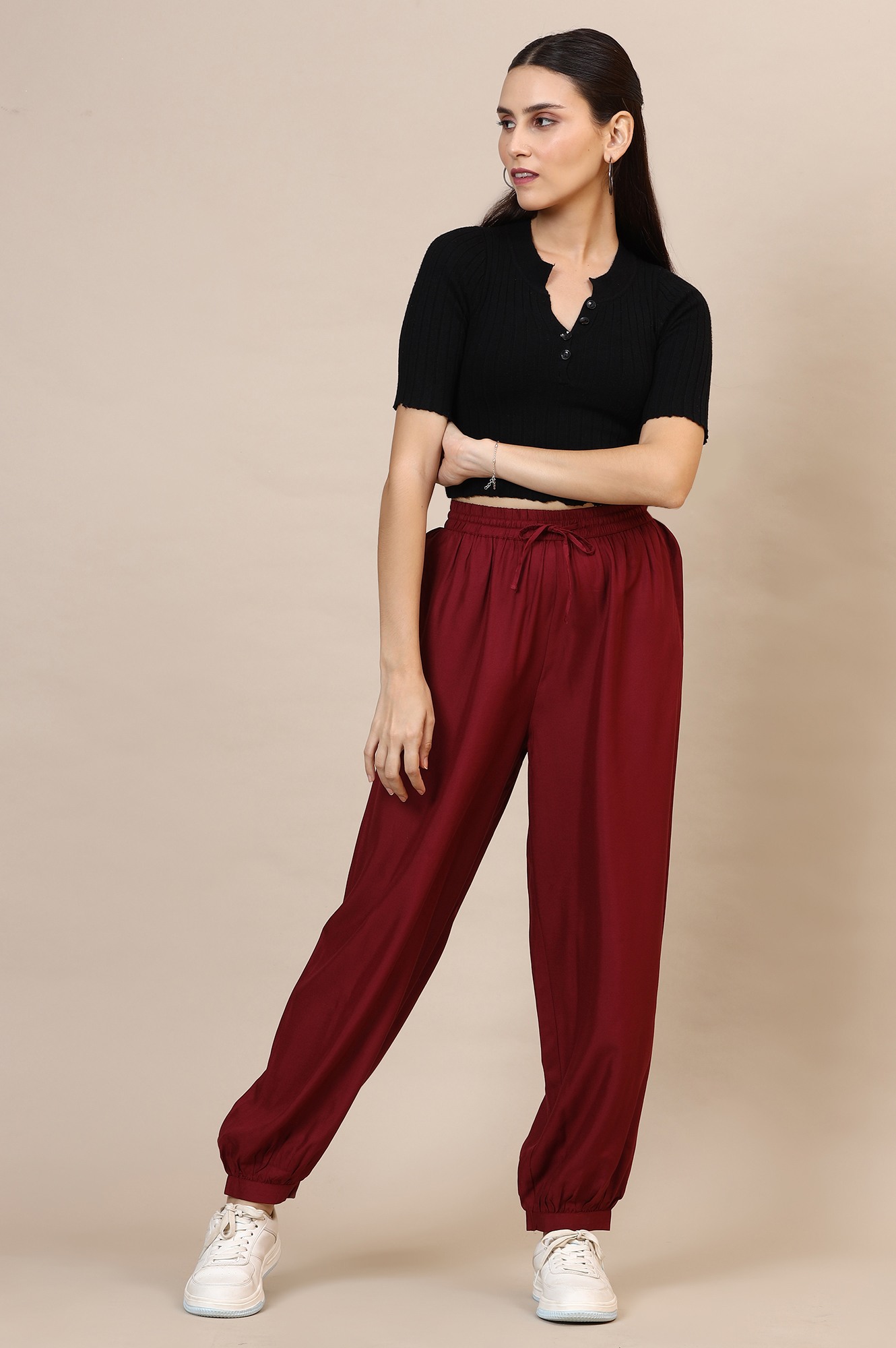 ELLEVEN Women's Red Solid Rayon Harem Pants