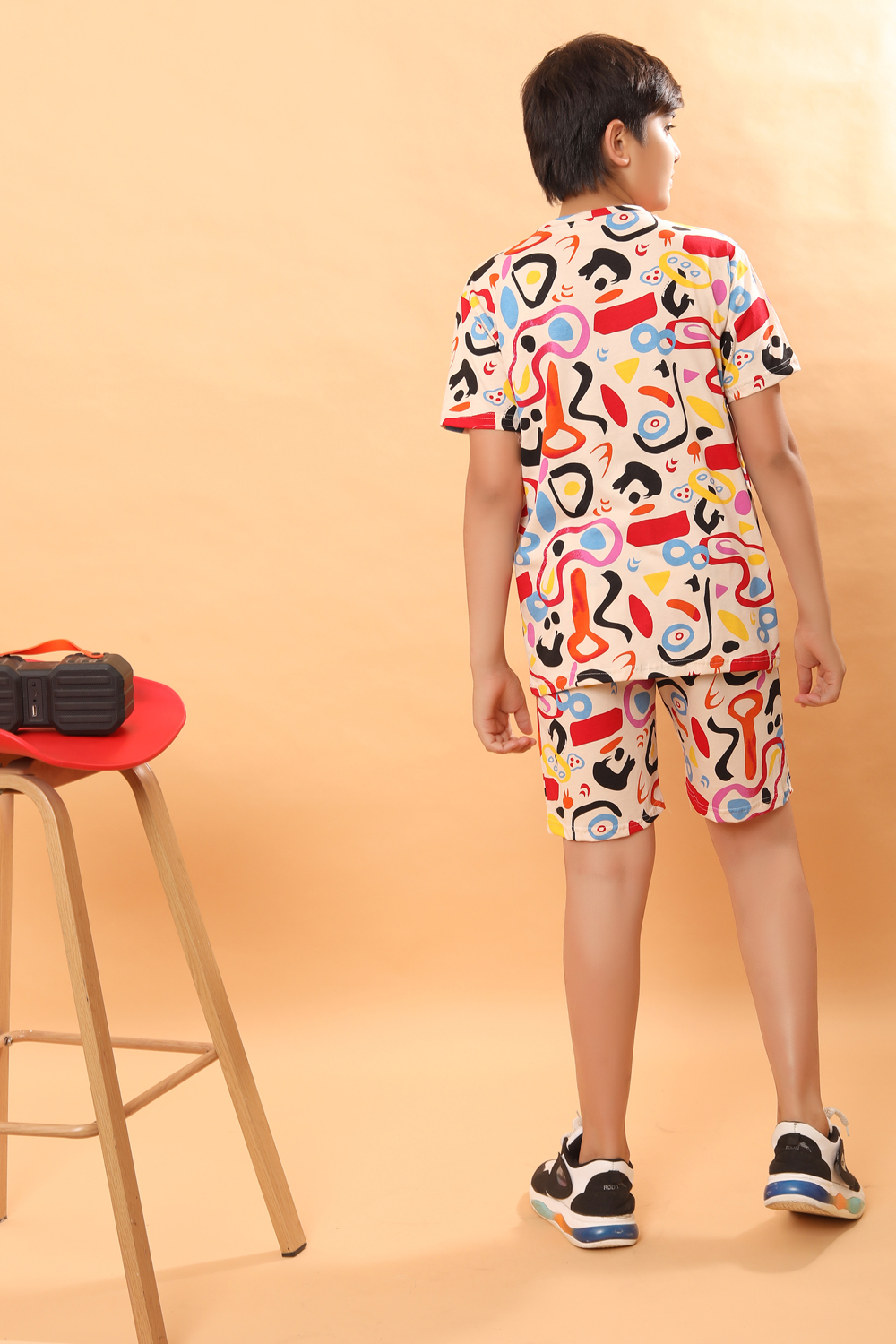 Ninos Dreams Boys Abstract Print 100 % Cotton Knit Half sleeves Coord Set with T-Shirt & Shorts-Beige