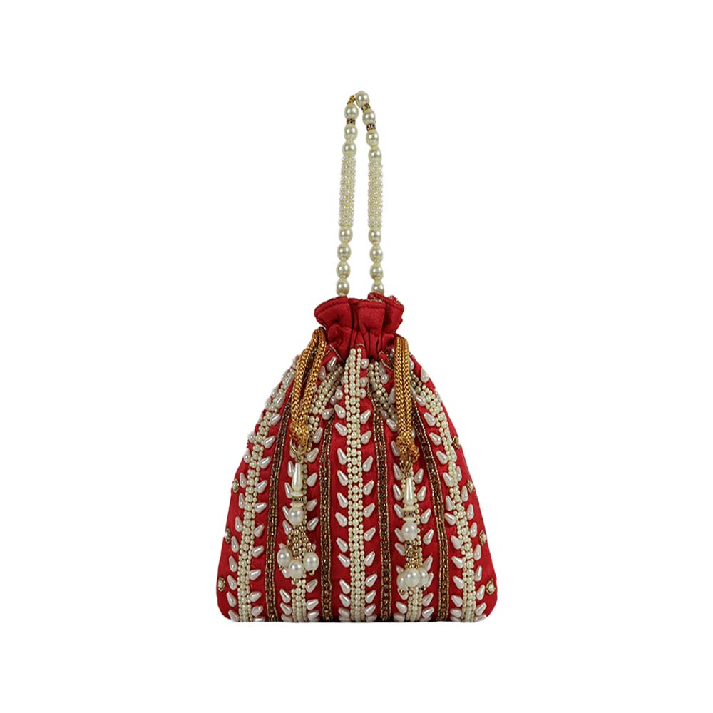 Traditional Embellished Red Color Raw Silk Potli Bag - Perfect For Festive Celebrations