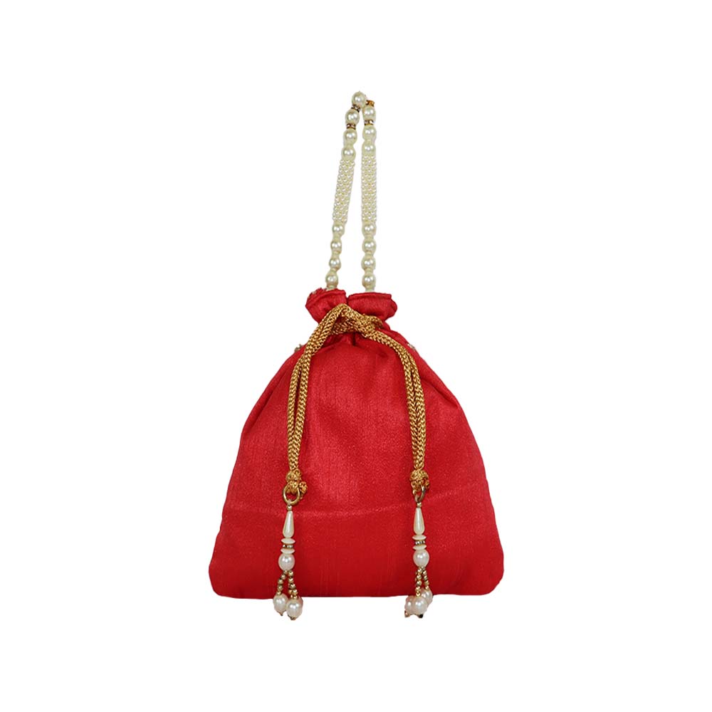Traditional Embellished Red Color Raw Silk Potli Bag - Perfect For Festive Celebrations