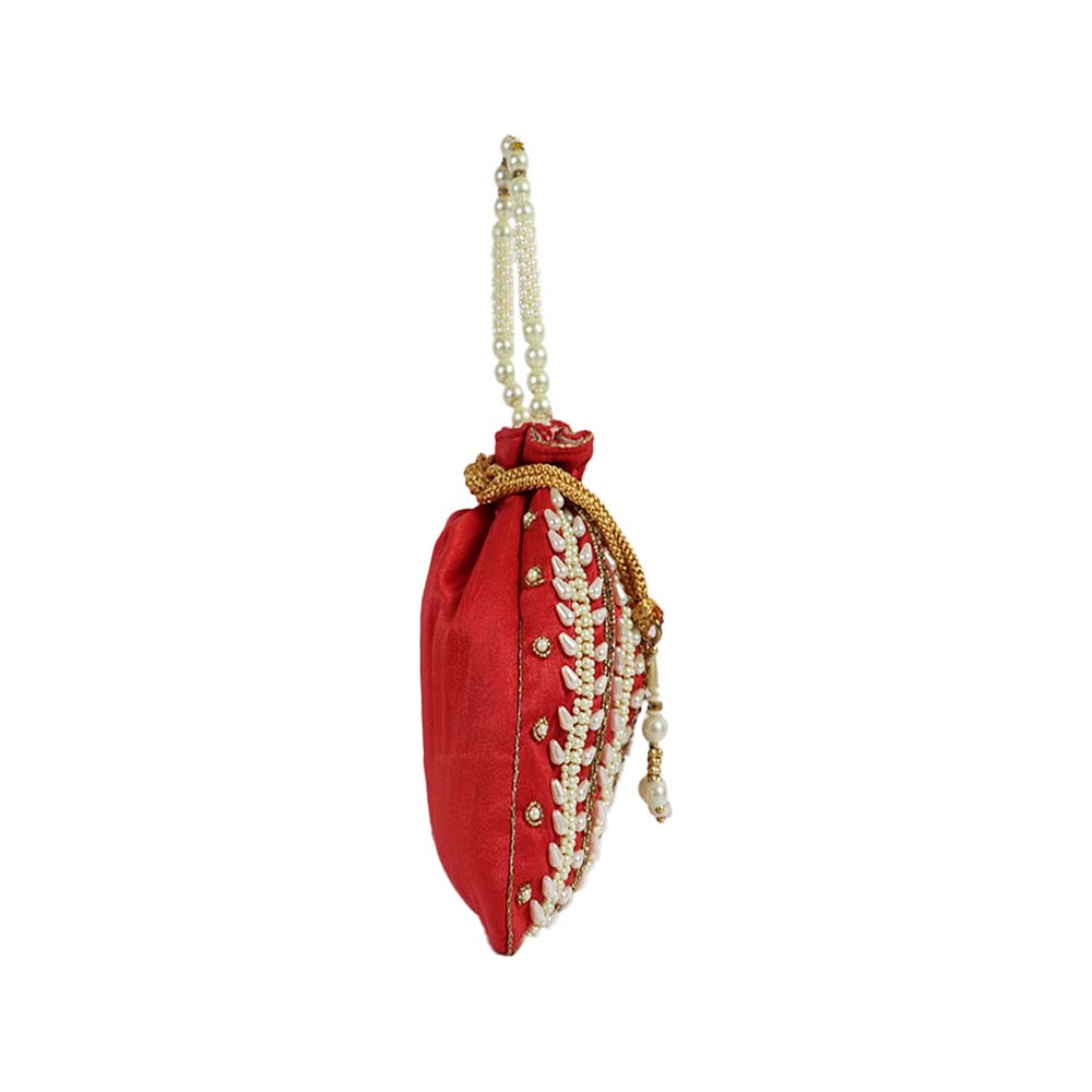 Traditional Embellished Red Color Raw Silk Potli Bag - Perfect For Festive Celebrations