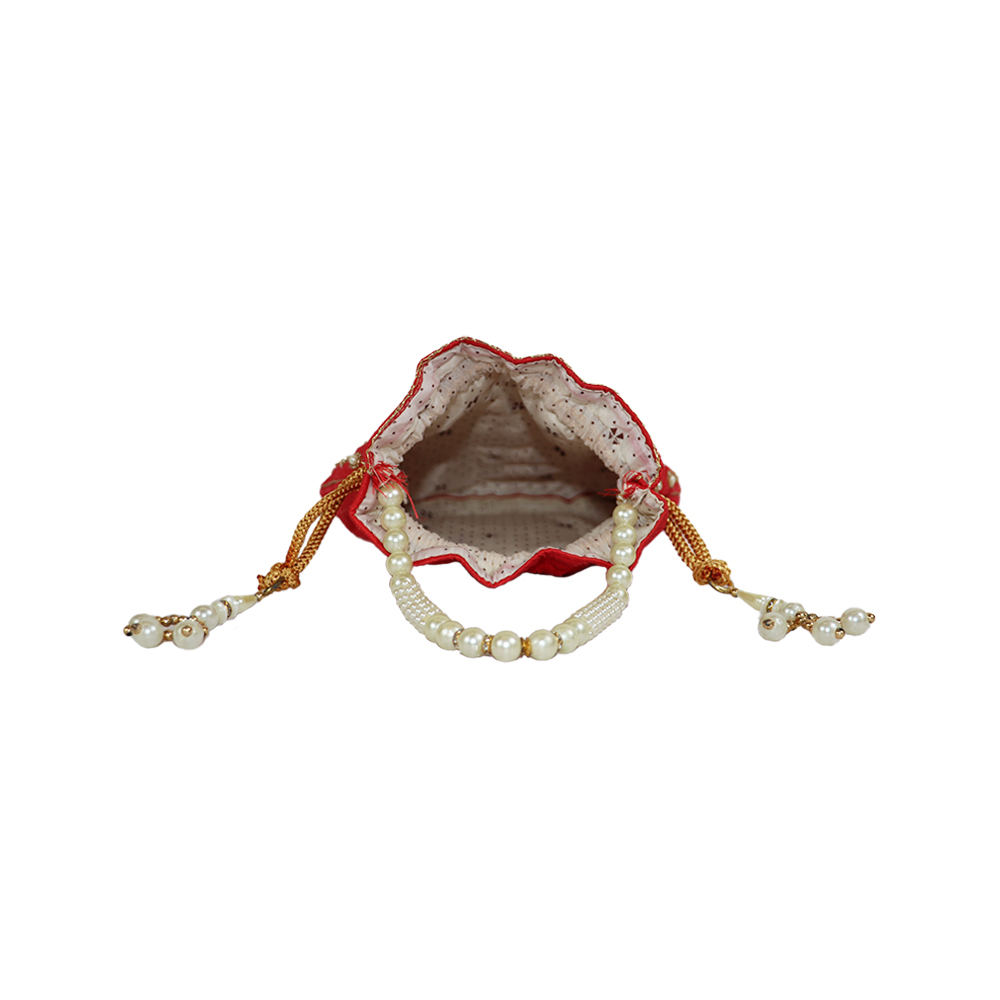 Traditional Embellished Red Color Raw Silk Potli Bag - Perfect For Festive Celebrations