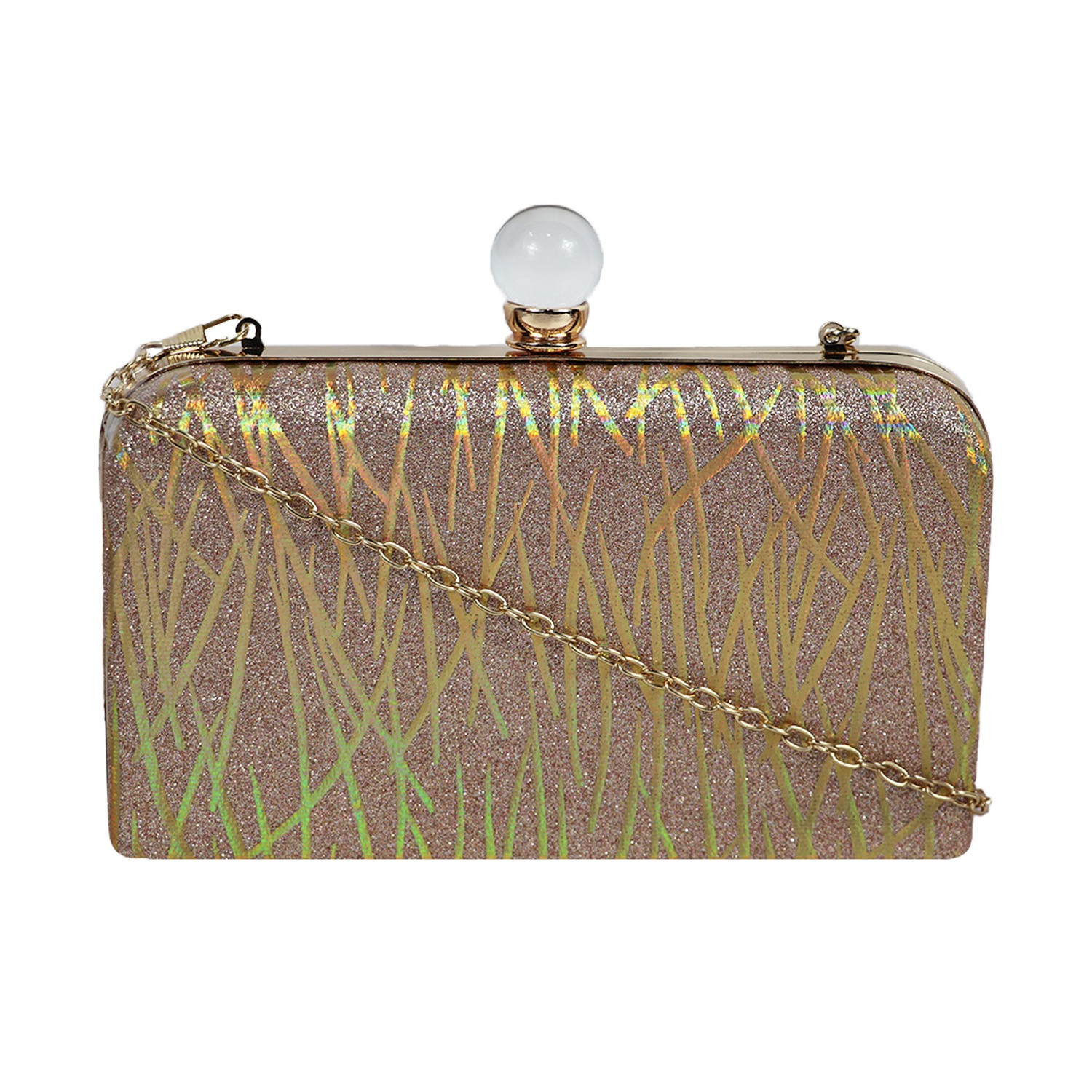 Beige Printed Box Clutch with Chain 