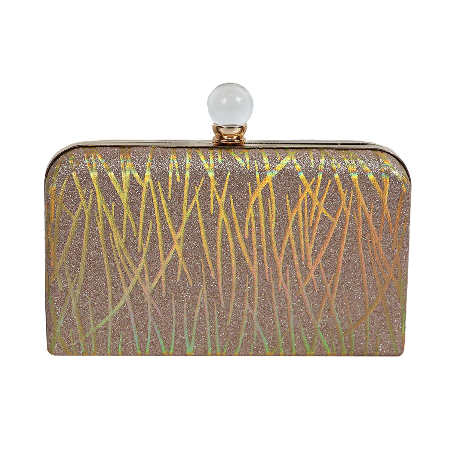 Beige Printed Box Clutch with Chain 