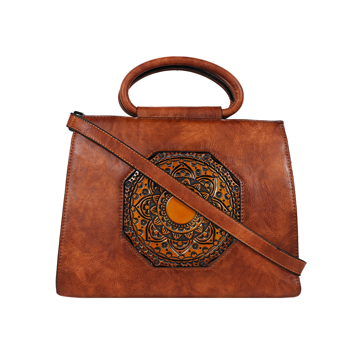 Brown Printed PU Structured Handheld Leather Bag
