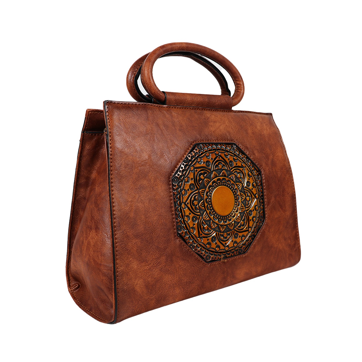 Brown Printed PU Structured Handheld Leather Bag