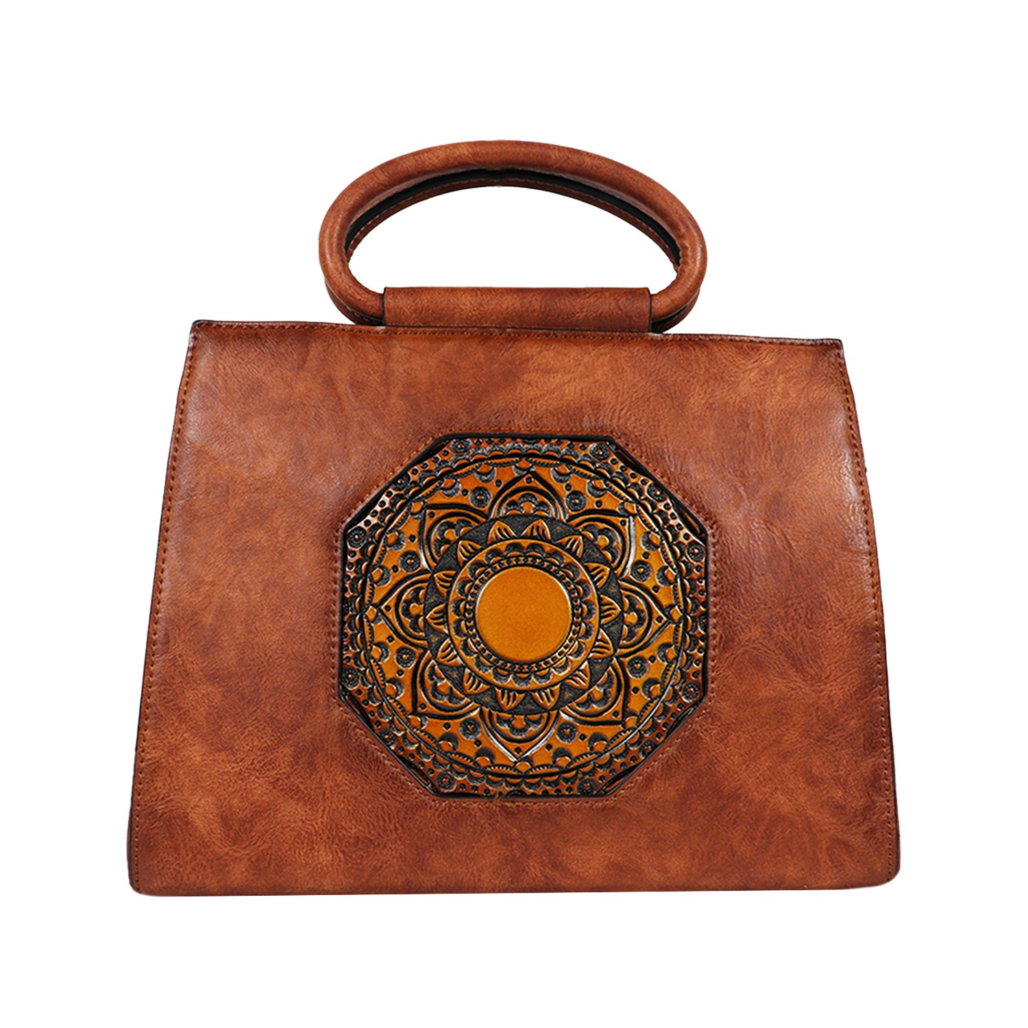 Brown Printed PU Structured Handheld Leather Bag