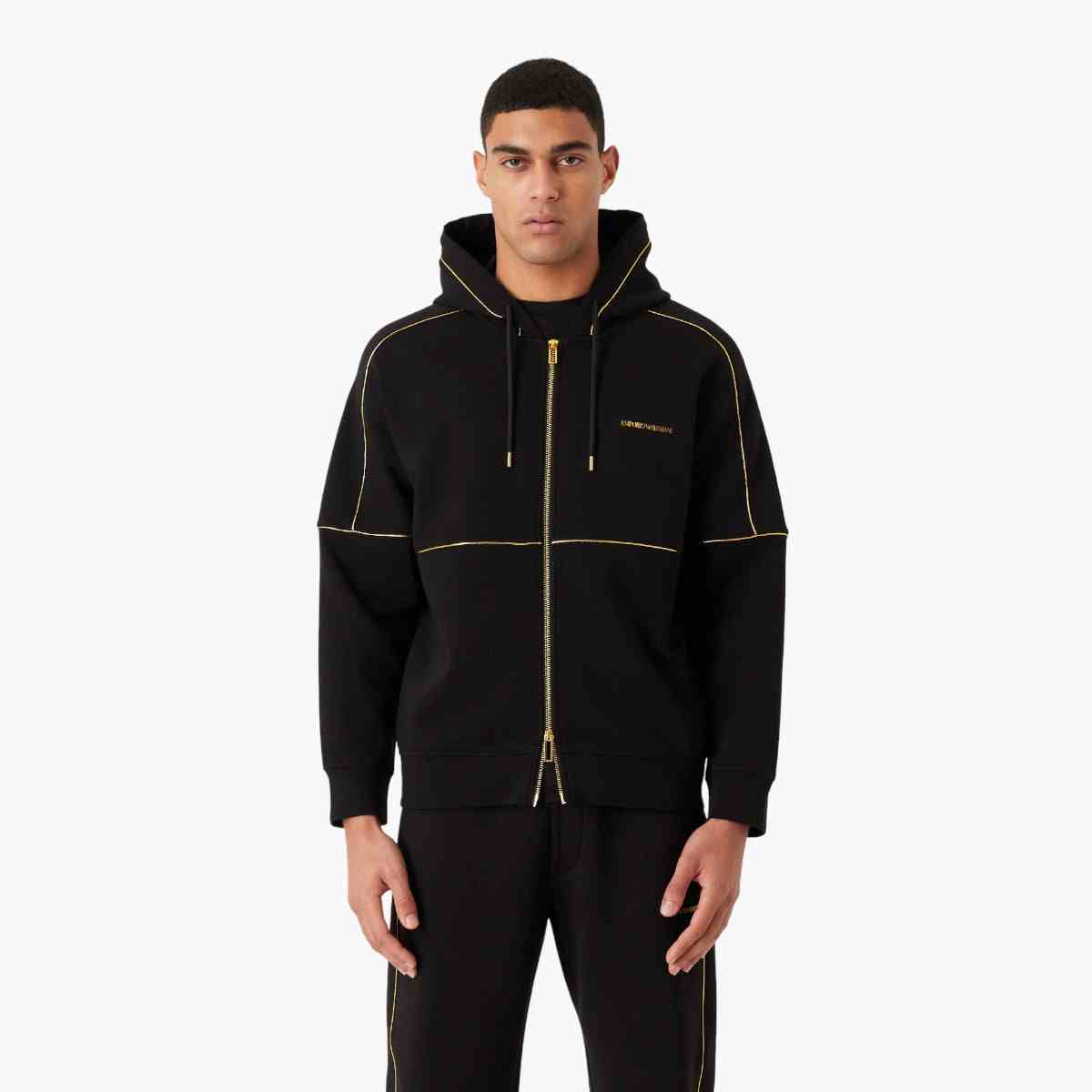 Double-Jersey Hooded Zip-Up Sweatshirt With Gold Details And Logo