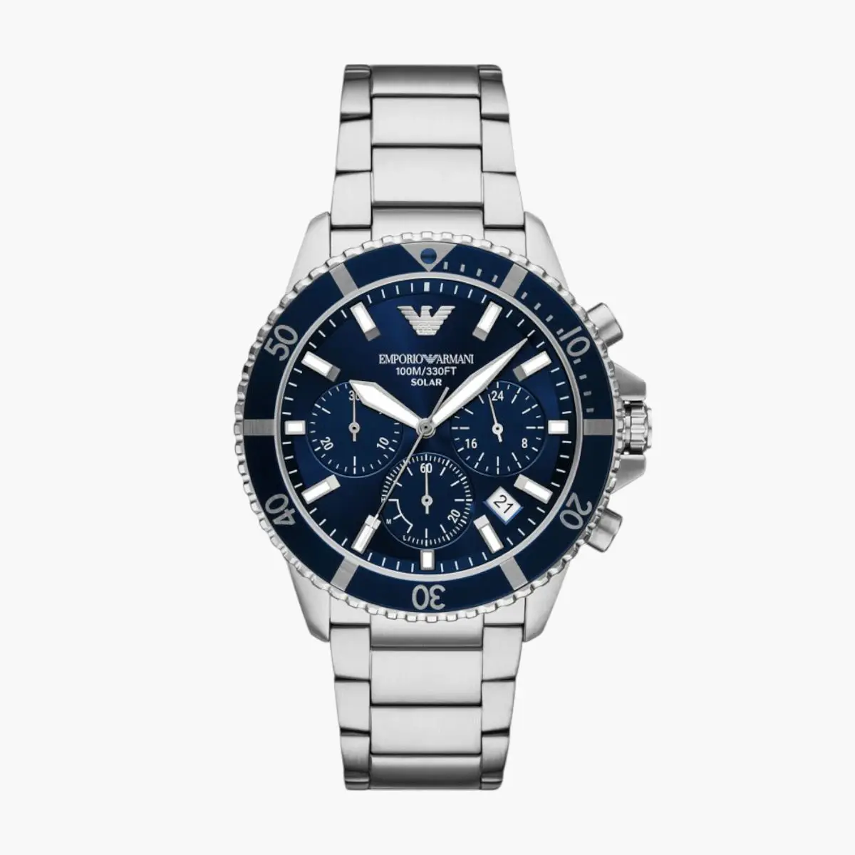 Silver Round Solar-Powered Chronograph Stainless Steel Watch