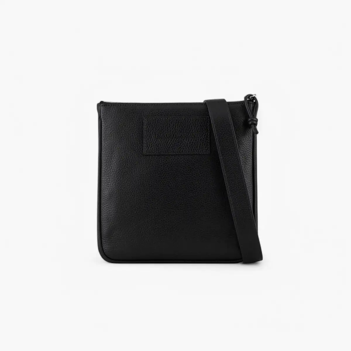 Flat Leather Shoulder Bag With Stitched Logo Patch