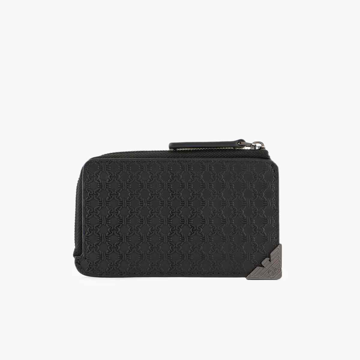 Zip Up Leather Card Holder With Embossed Pattern Metal Eagle Logo