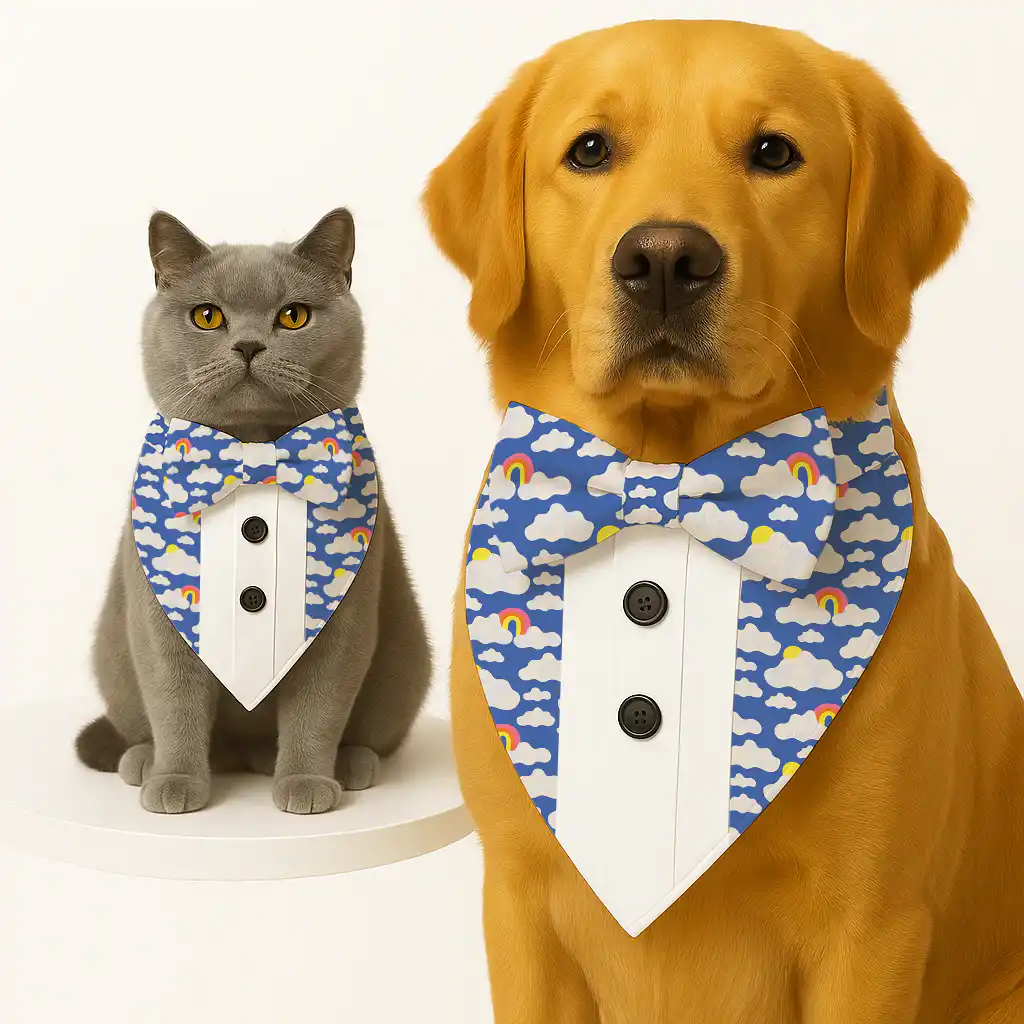 PawsIndia Sky Rainbows Pattern Tuxedo Bandana with Matching Bow for Pets