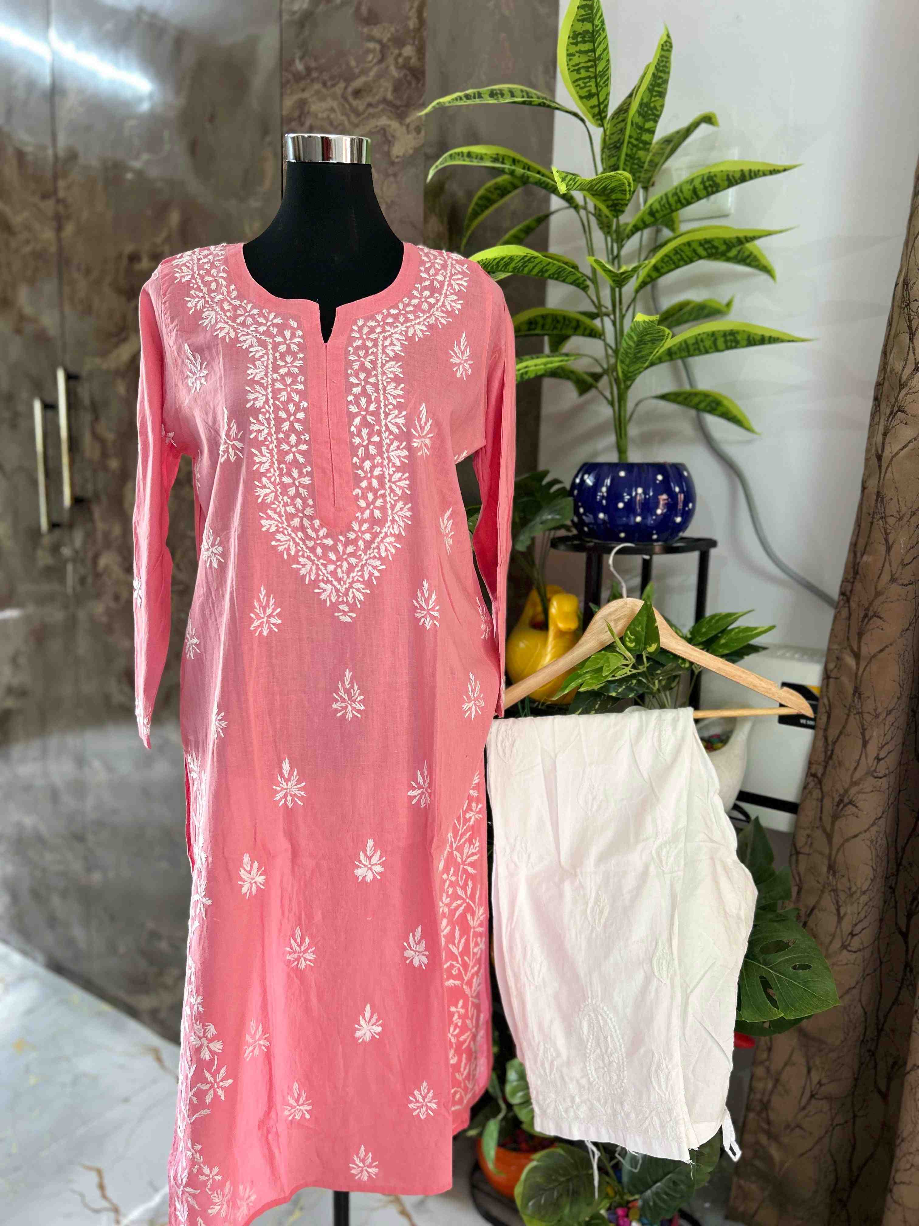 Pink chicken Kari cotton kurta with white chickenkari pant