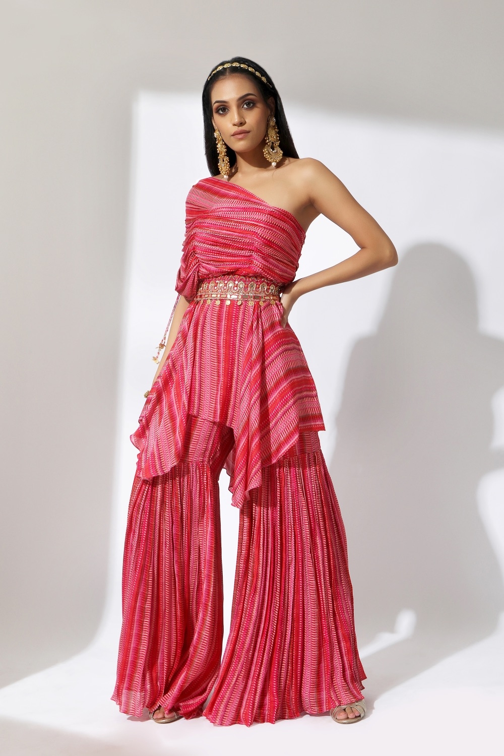 Pink Ruched Asymmetric Sharara with an Embroidered Belt