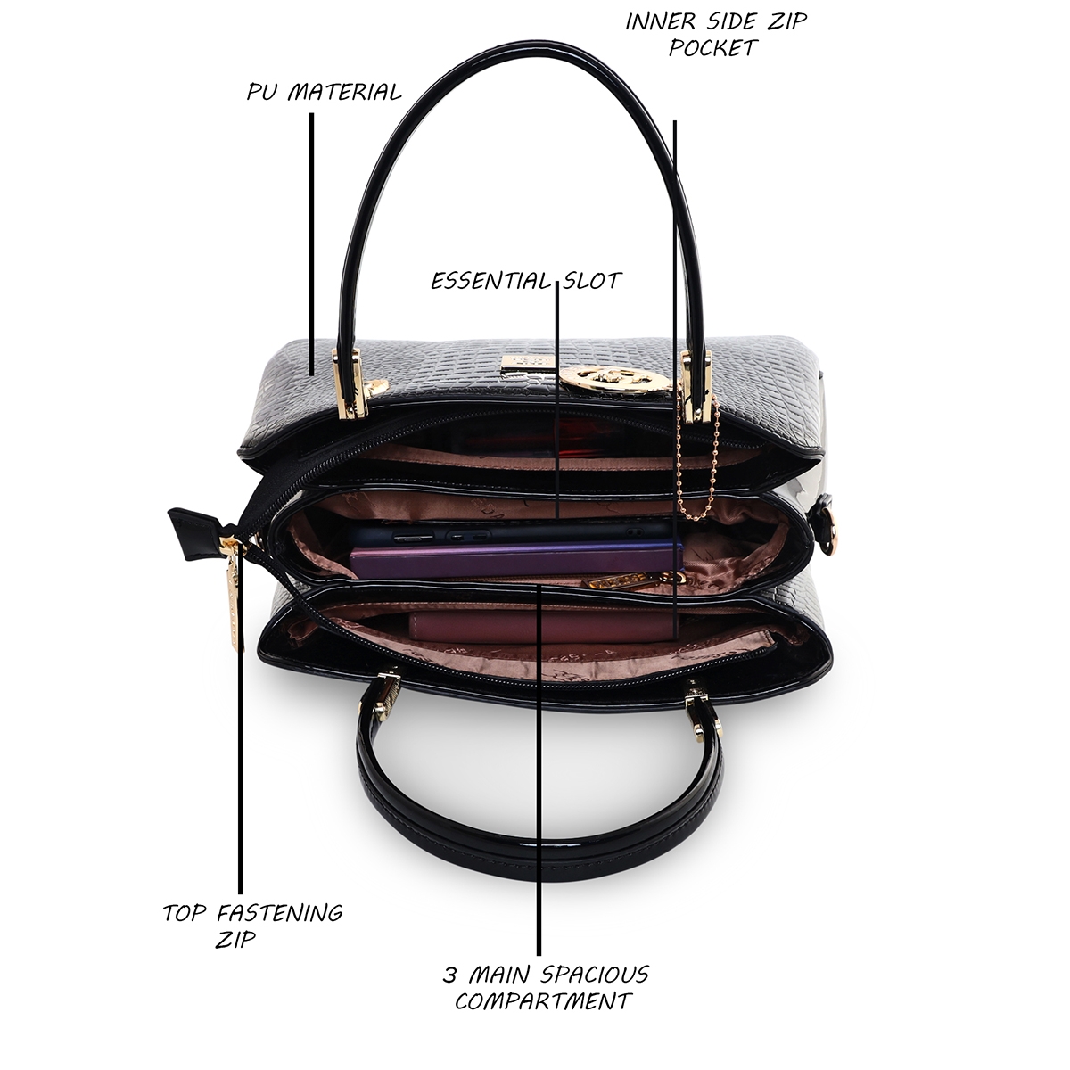 ESBEDA | ESBEDA Black Color Solid Emoboss pattern Glossy Handbag For Women 3