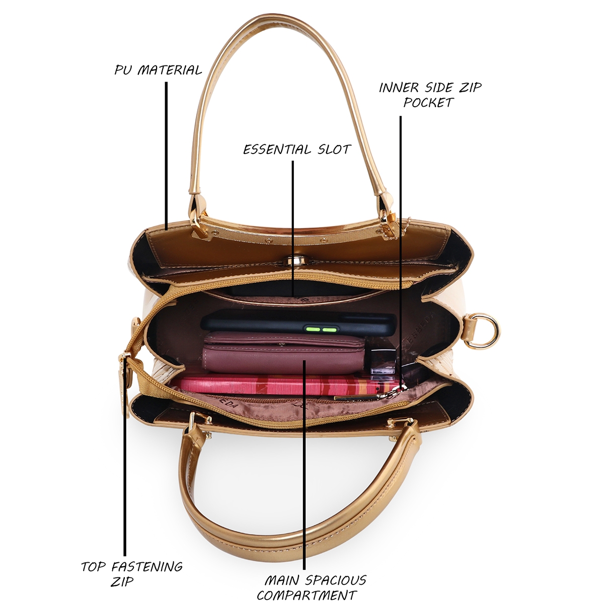 ESBEDA | ESBEDA Gold Color Solid Emoboss pattern Glossy Handbag For Women 3