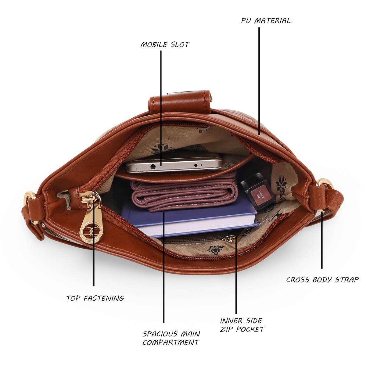 ESBEDA | Women's Brown PU Solid Sling Bags 3