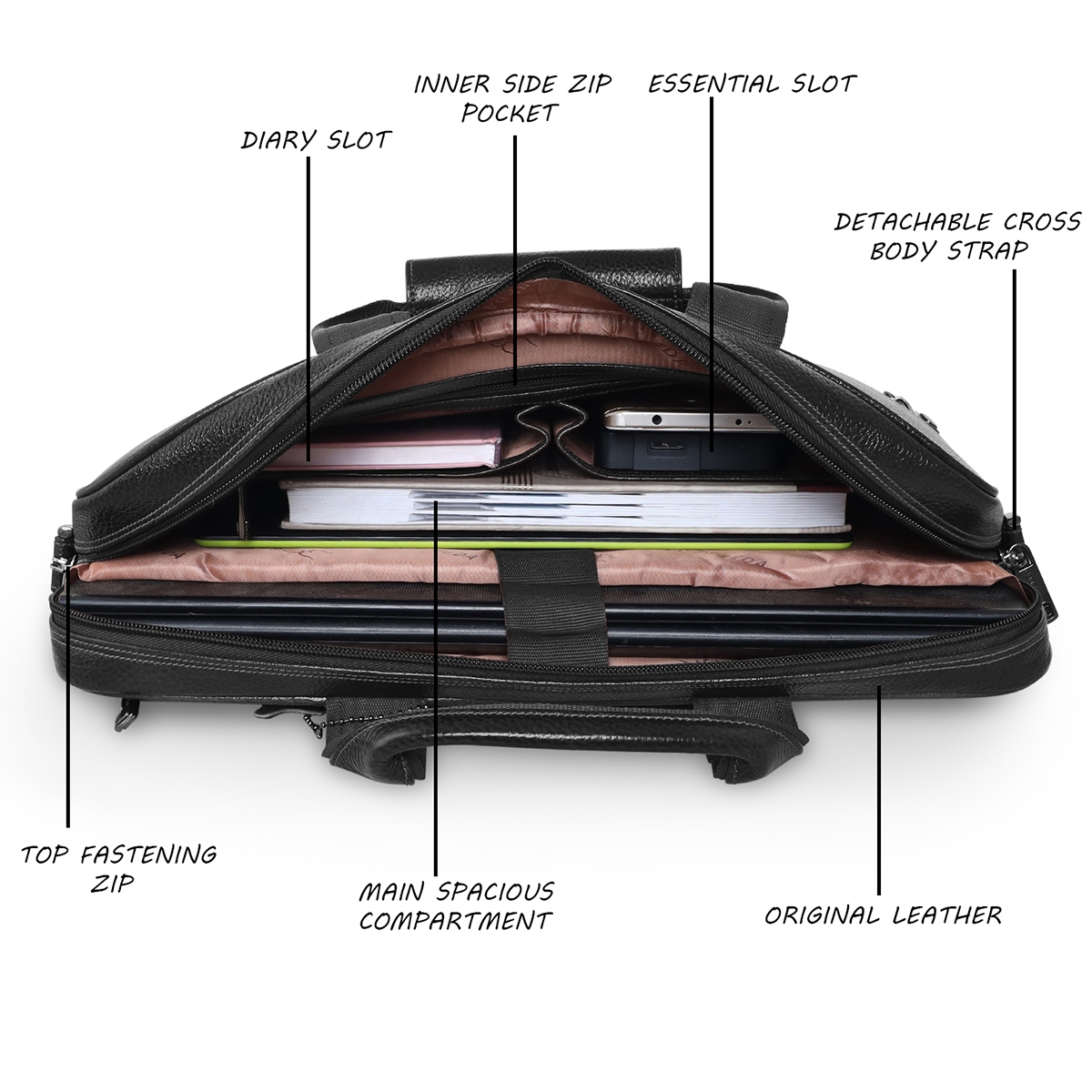 ESBEDA | Men's Black Leather Solid Laptop Bags 3