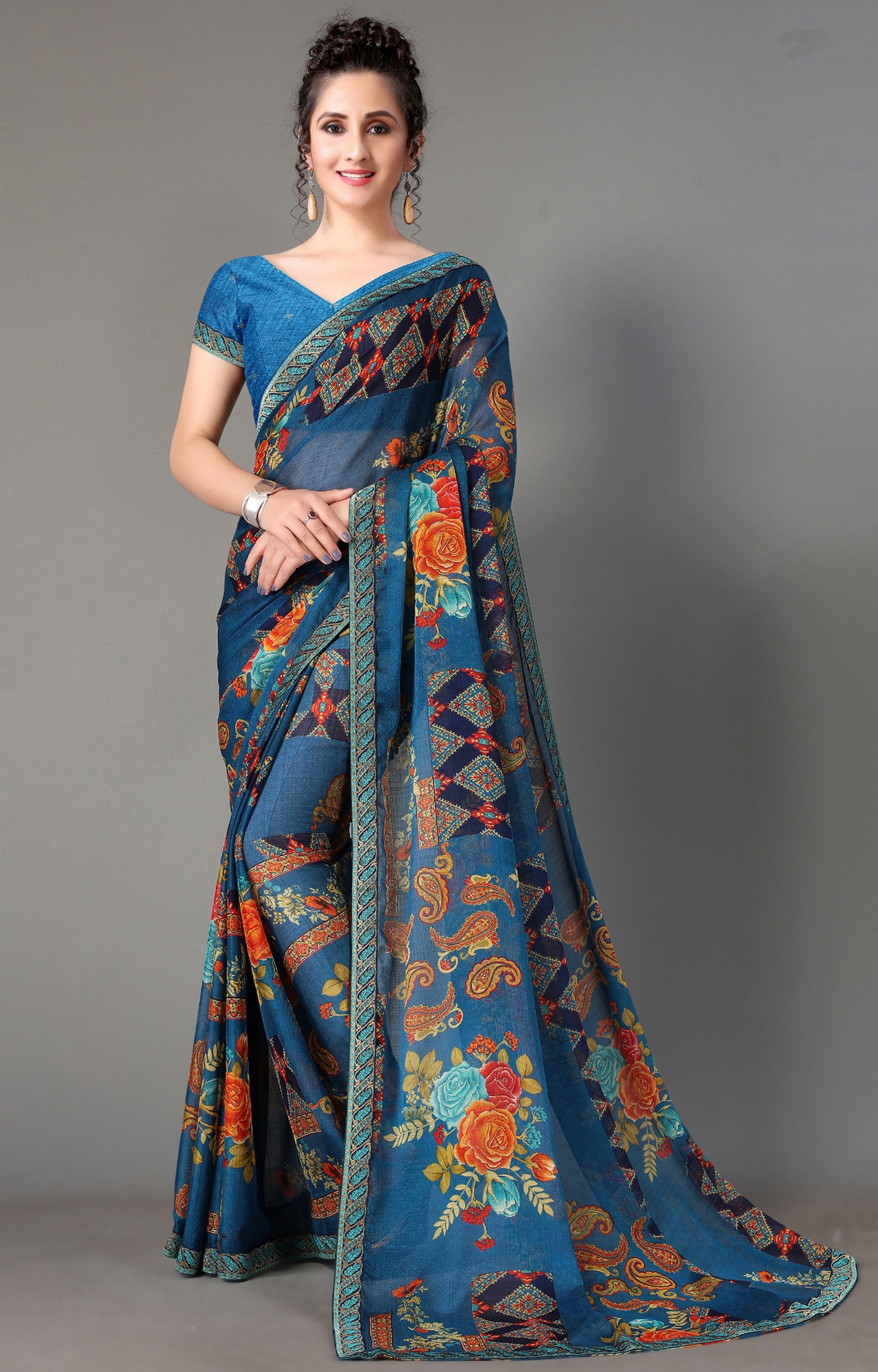 Women Blue Chiffon Floral Print Saree-S_L21SHUBHLABH31003SSR01