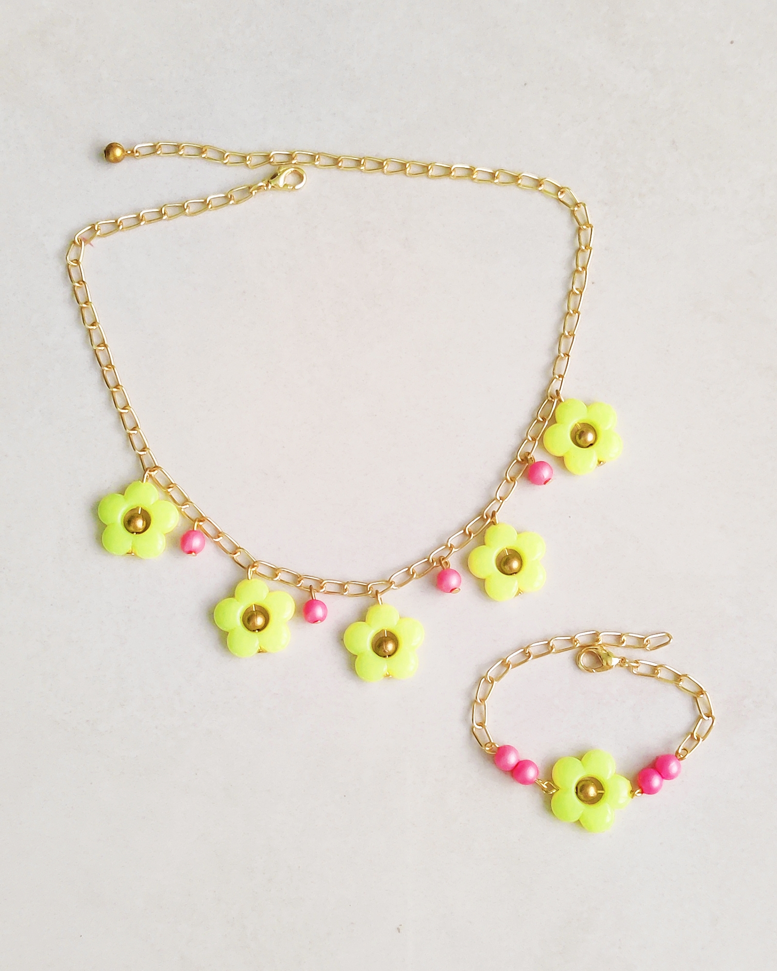 Lime By Manika | Flower Bead Charmed Necklace & Bracelet Set, Neon Yellow, Pink undefined