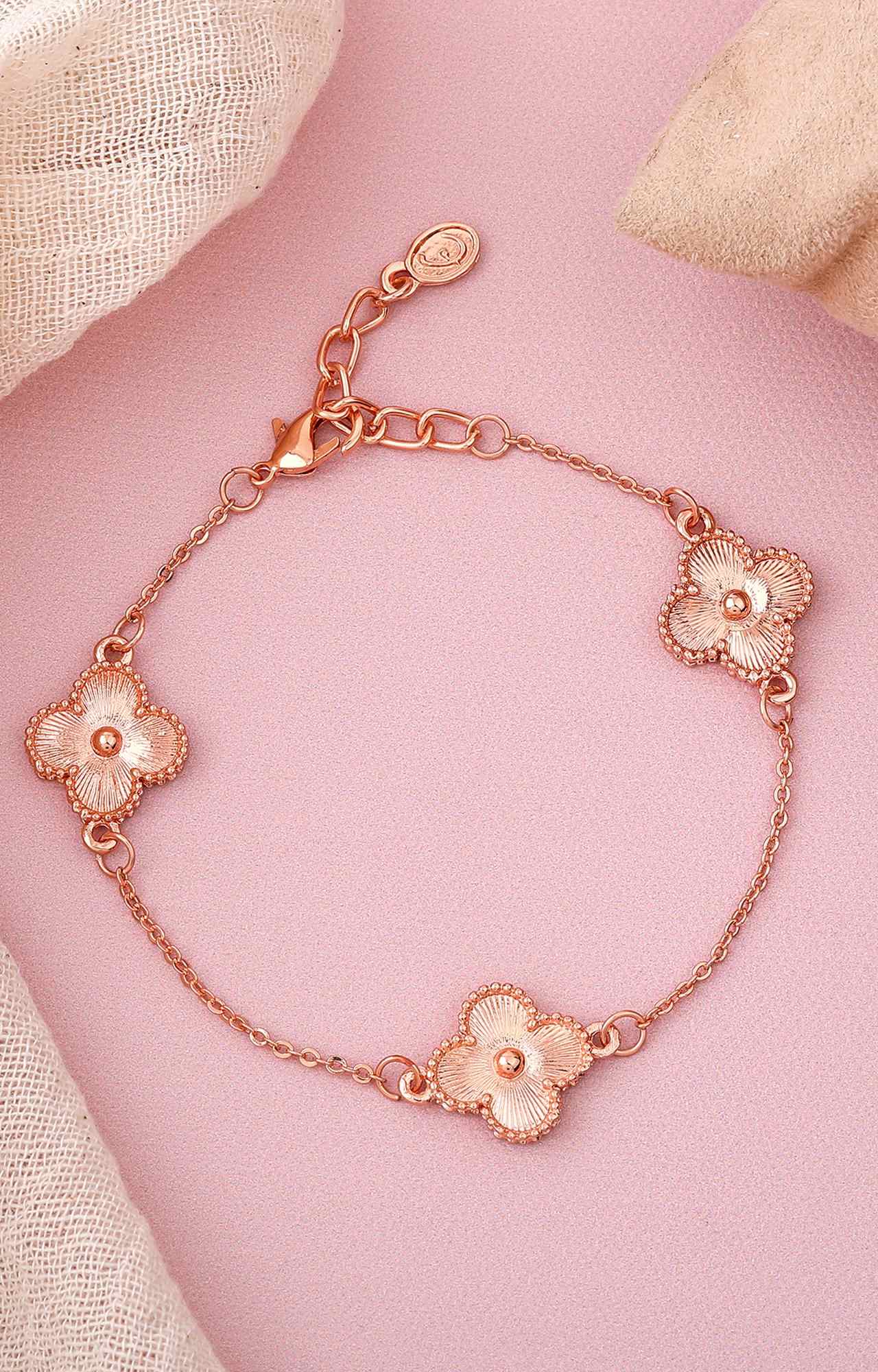 Estele Rosegold Plated Stylish Clover Leafy Style Adjustable Charm Bracelet for Women