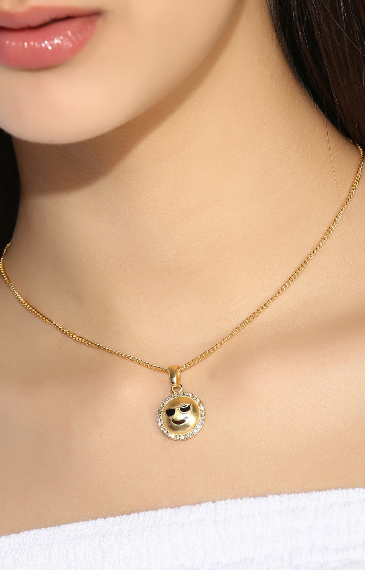 Estele Gold Plated Cool Emoji Pendant with white Crystals for Women