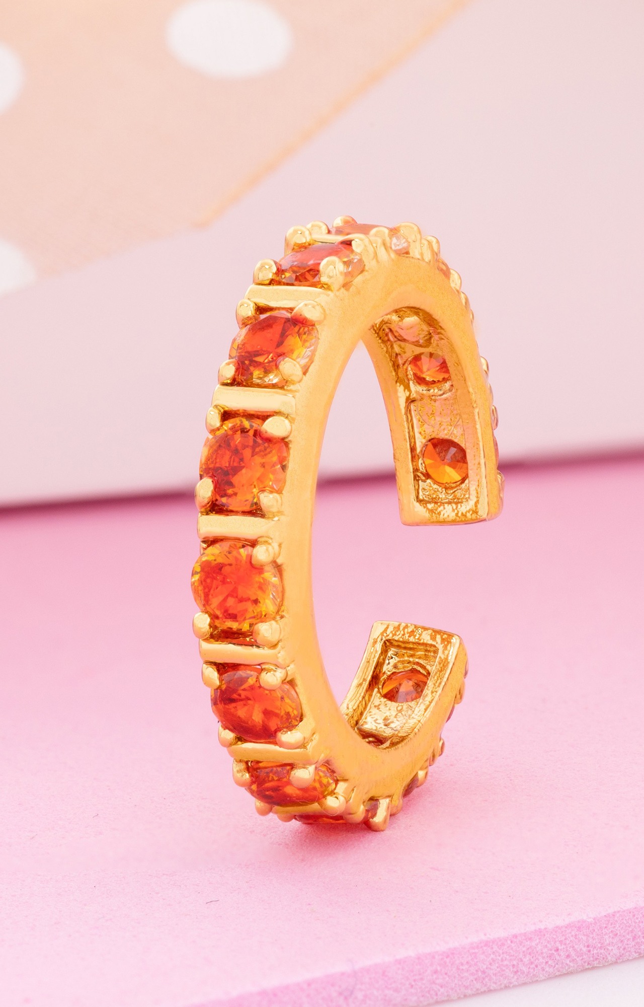 Estele Gold Plated CZ Multiple Square Band Ring with Orange Stones for Women (adjustable)