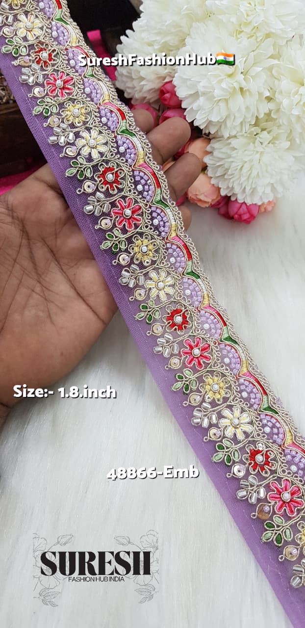 Lilac Floral Beads & Thread Embroidery Lace – 48866-EMB
